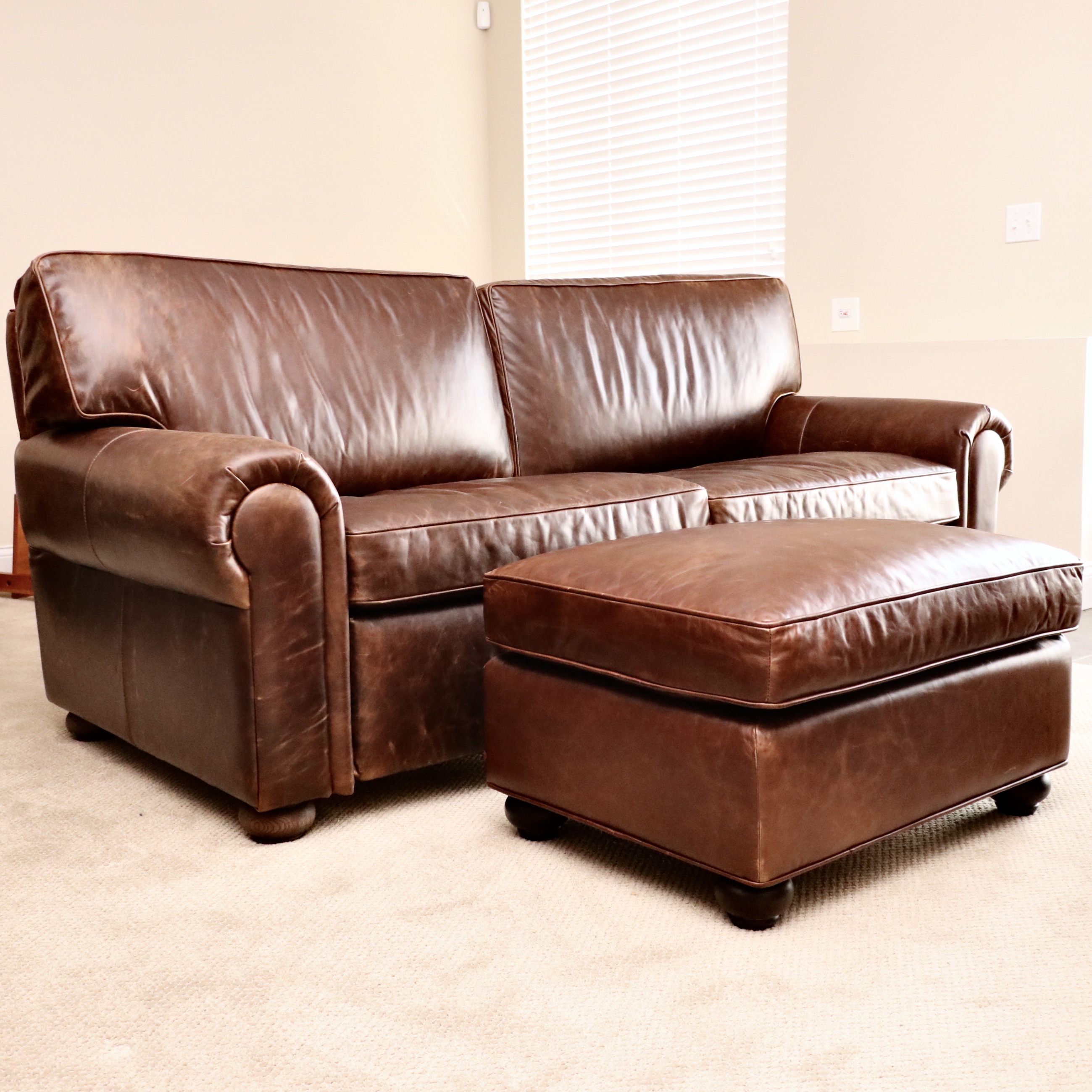 Restoration Hardware "Lancaster" Leather Sleeper Sofa and Ottoman