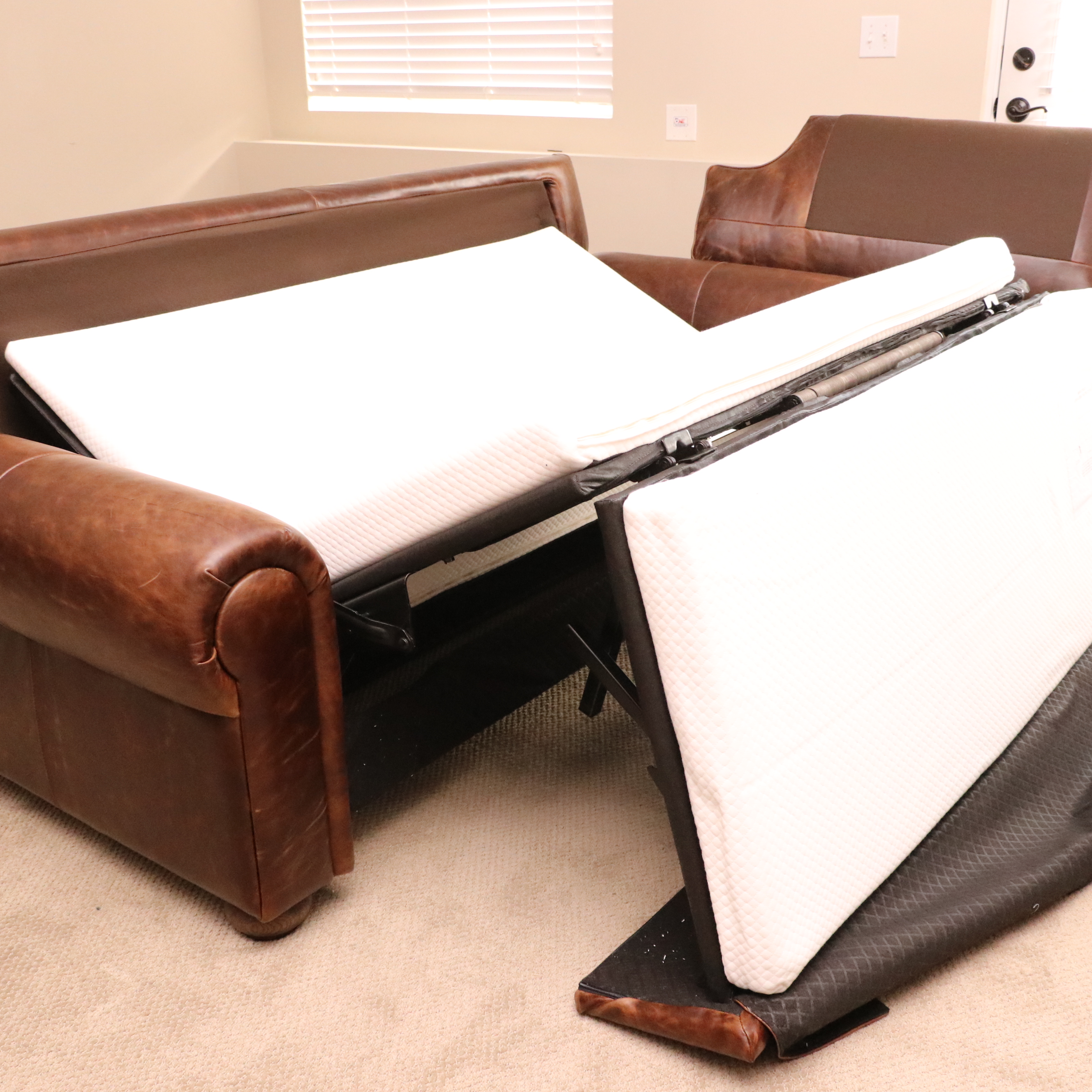 Restoration Hardware "Lancaster" Leather Sleeper Sofa and Ottoman