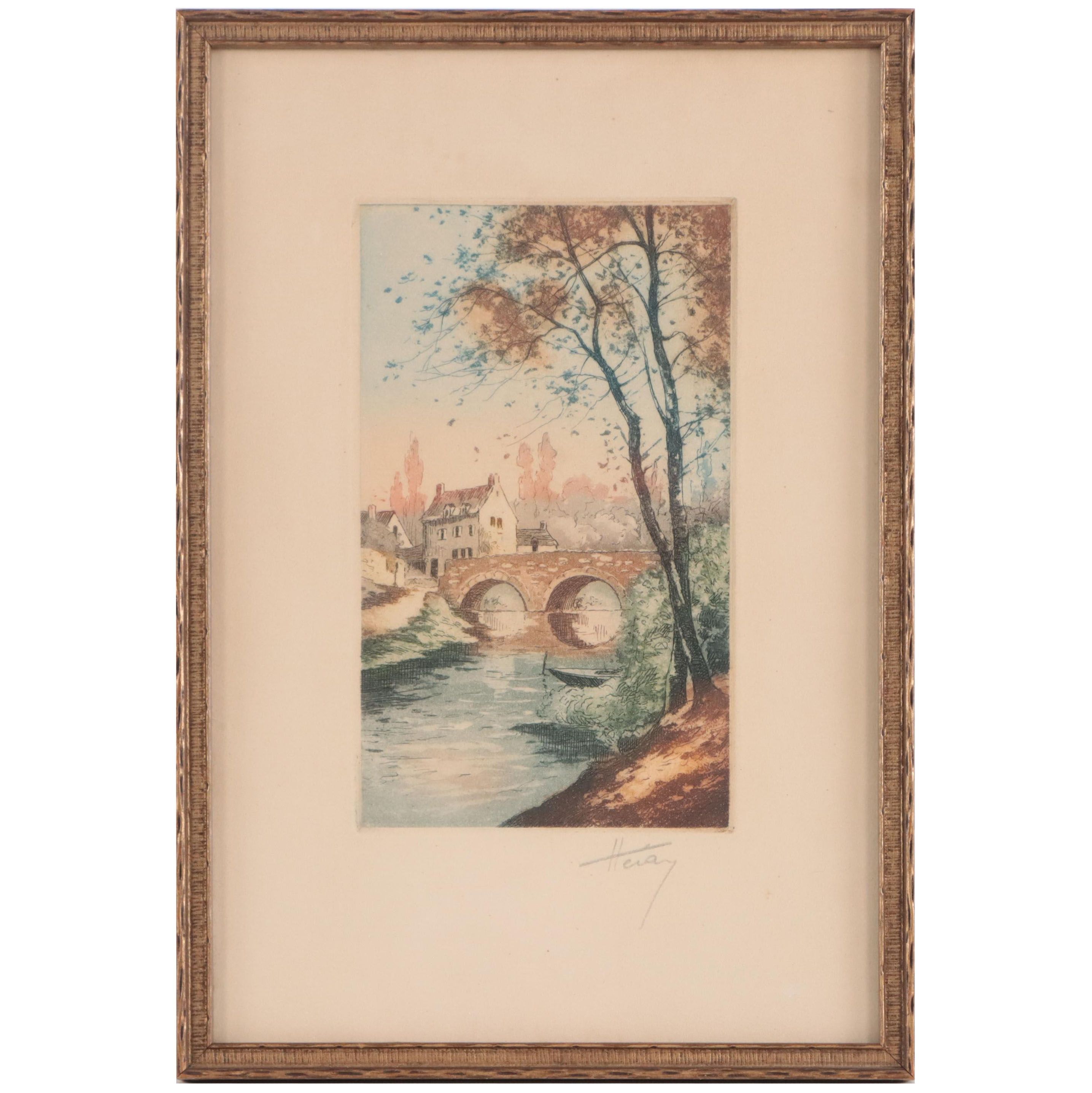 Village River Scene Etching With Aquatint