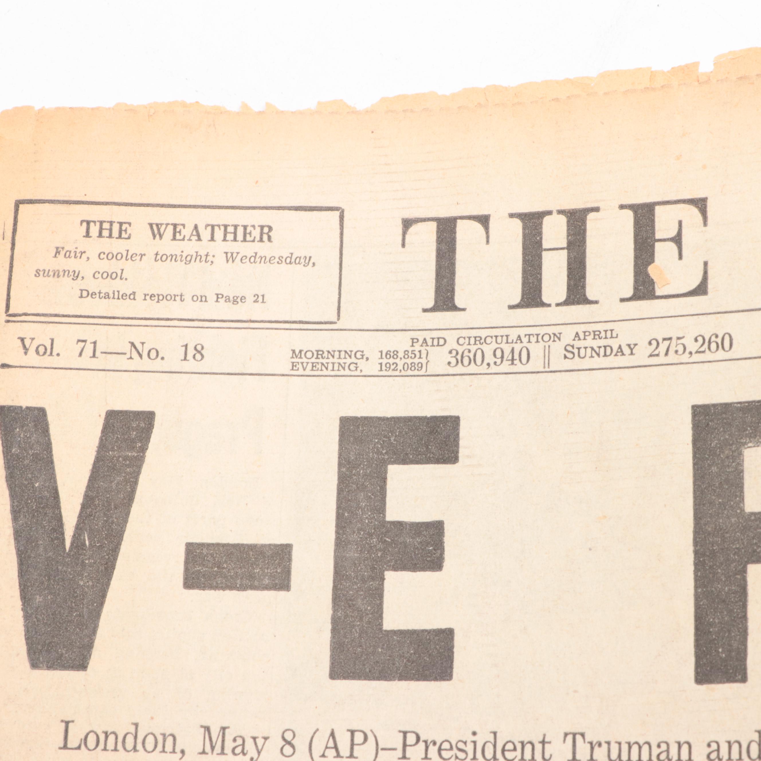 "The Evening Sun" and "The Sun" Newspapers Featuring End of World War II