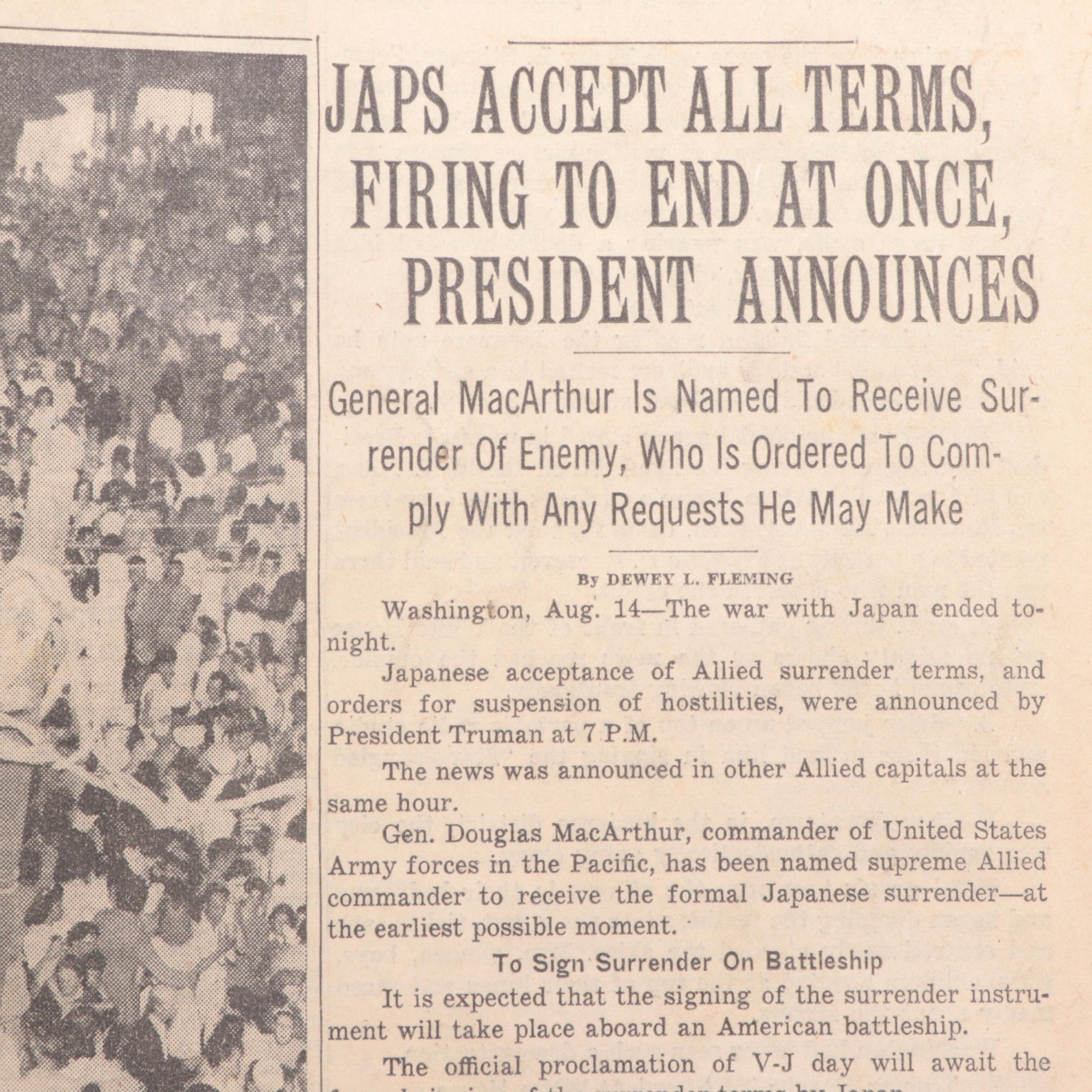 "The Evening Sun" and "The Sun" Newspapers Featuring End of World War II