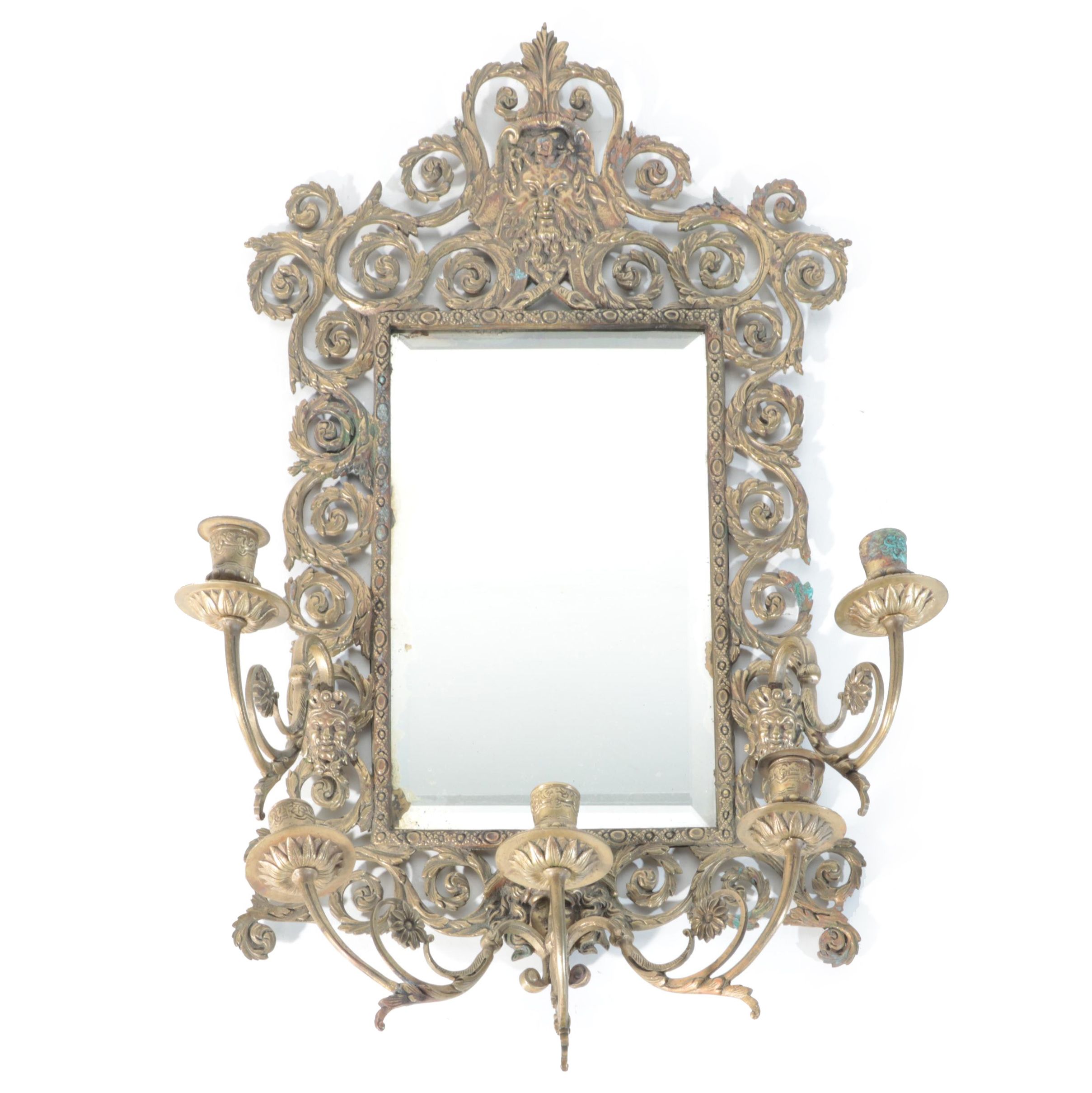 French Rococo Style Brass Wall Mirror with Five Candle Arms, Antique