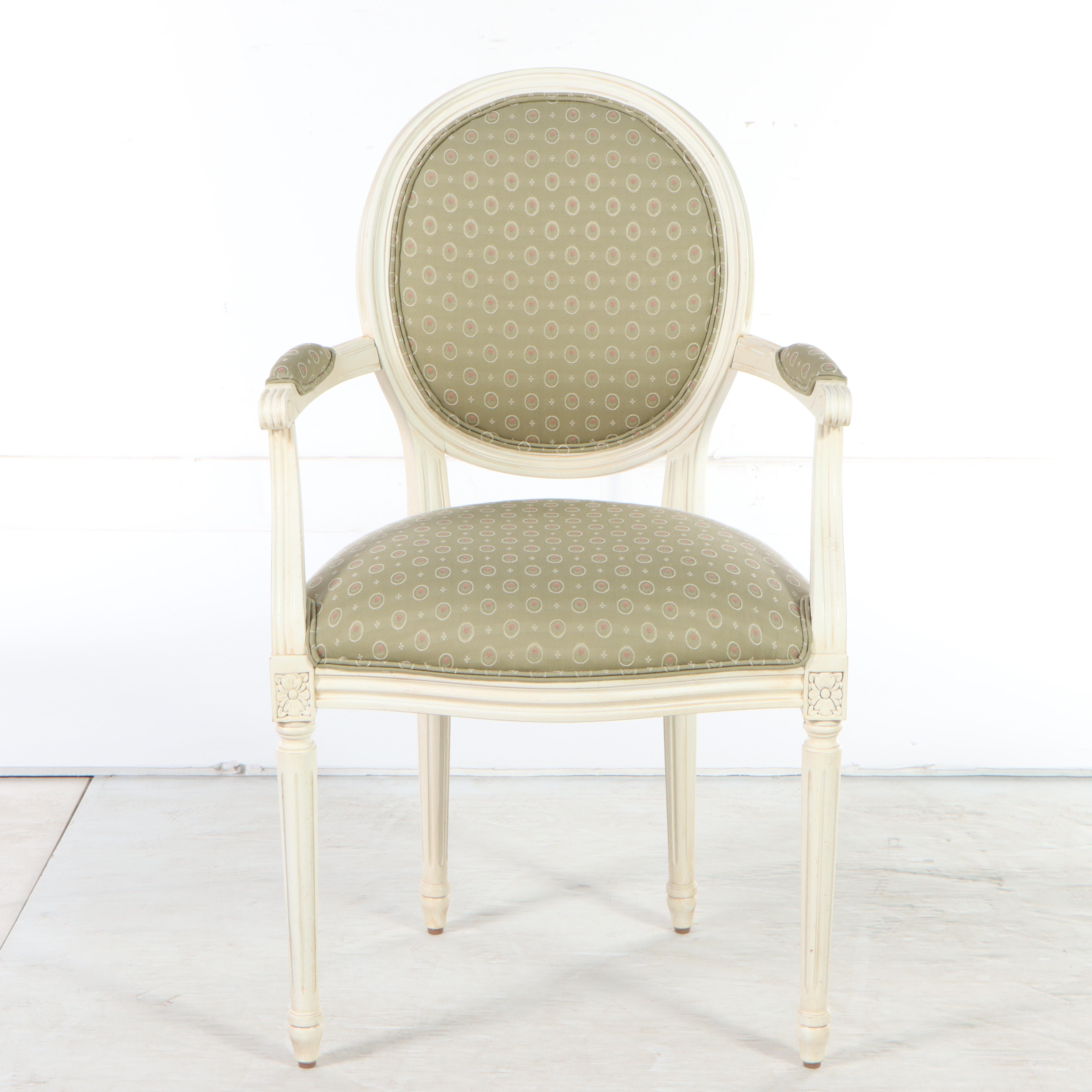 Ethan Allen "Josephine" Louis XVI Style Upholstered Armchair in Antique White