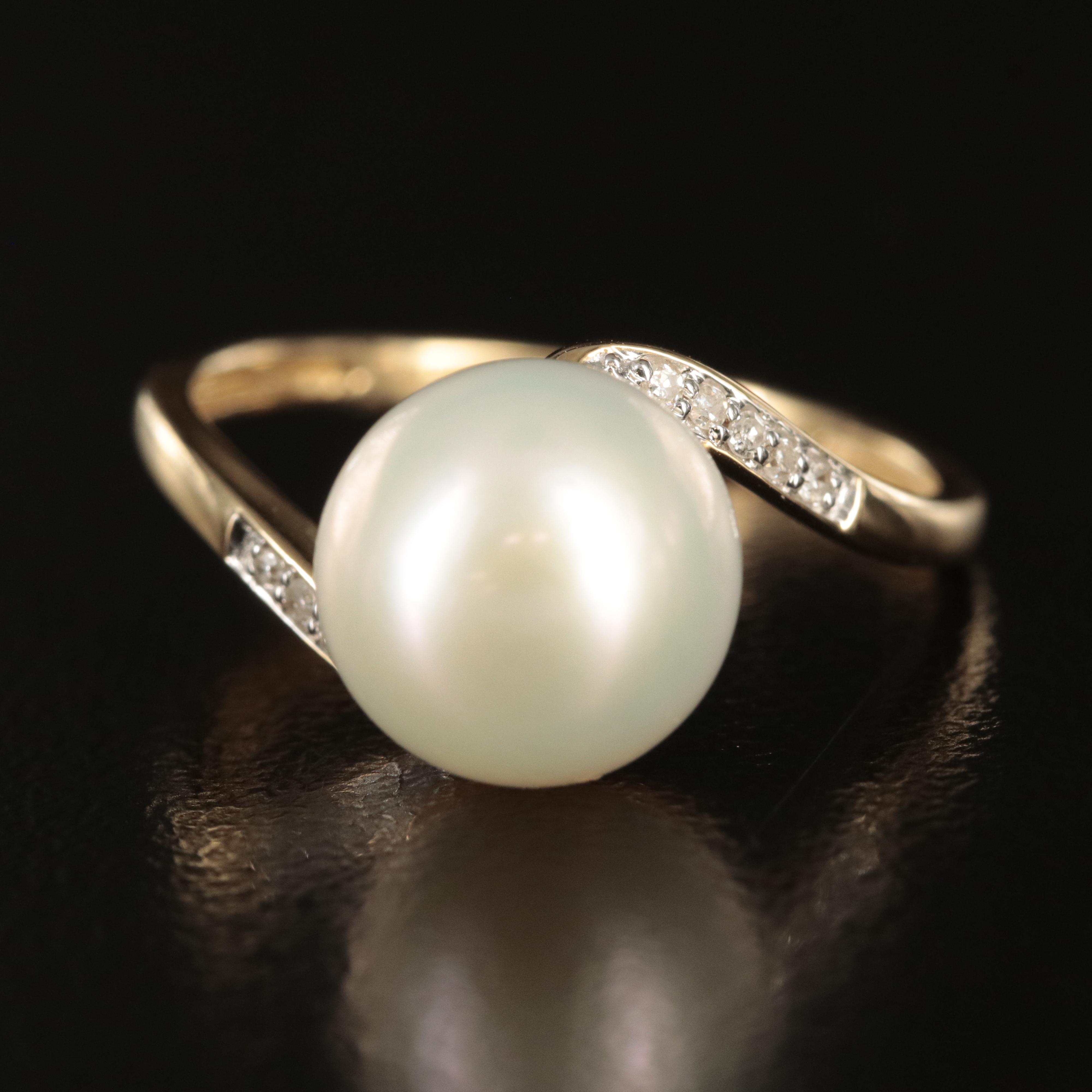 14K Pearl and Diamond Bypass Ring