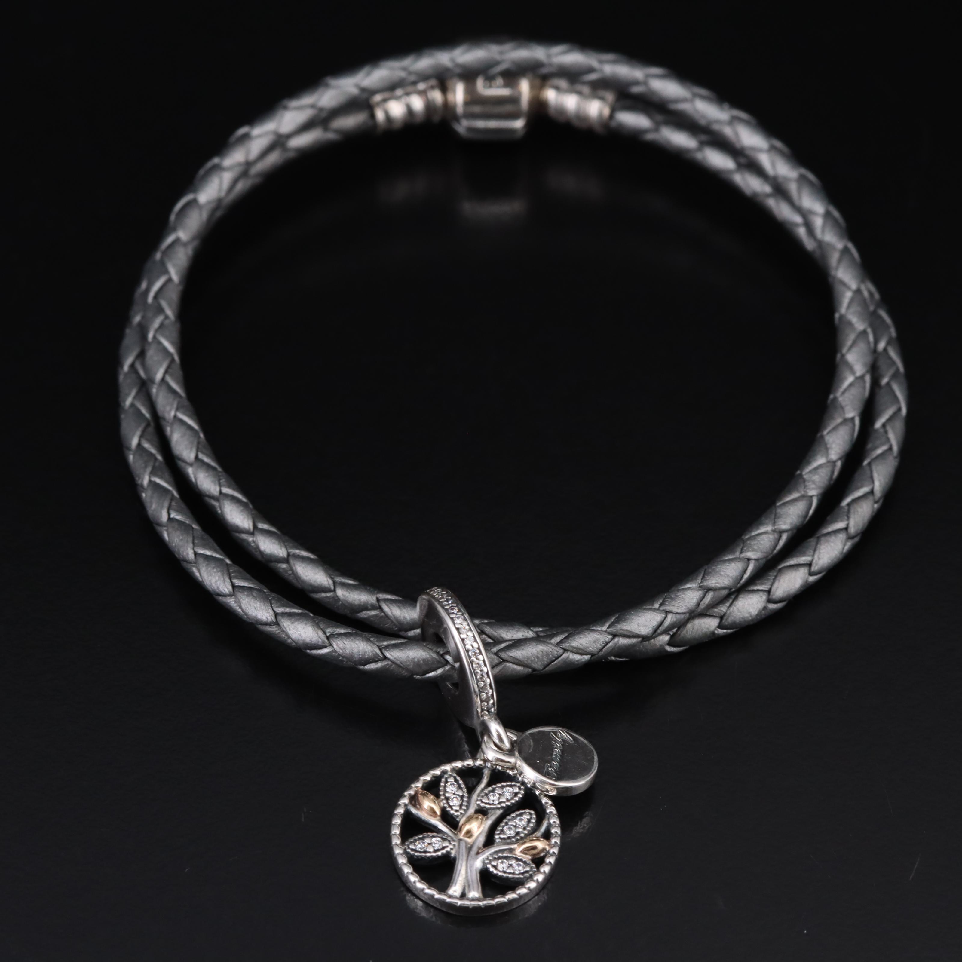 Pandora Sterling Double Wrap Bracelet with Cubic Zirconia Family Tree Charm