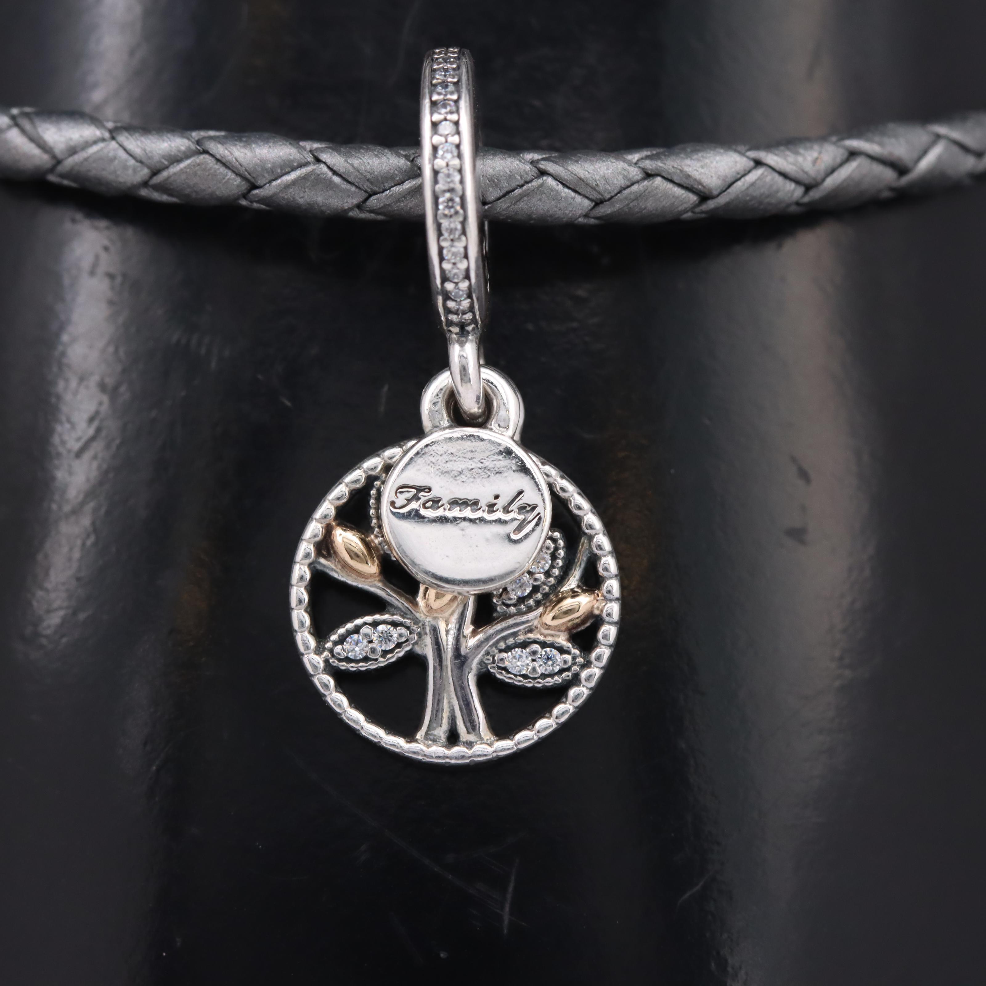 Pandora Sterling Double Wrap Bracelet with Cubic Zirconia Family Tree Charm