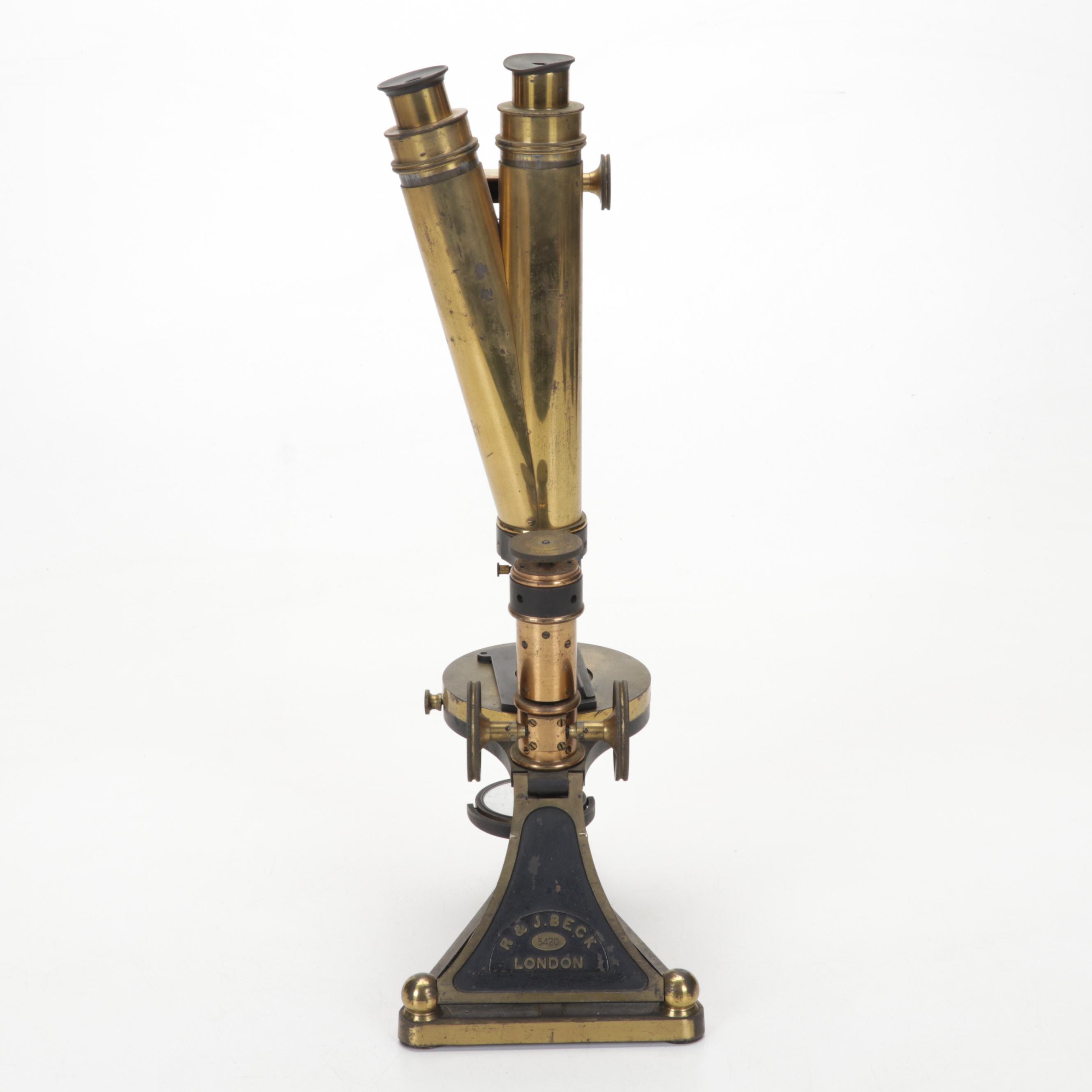 R & J Beck London Brass Folding Monocular Microscope, Late 19th Century