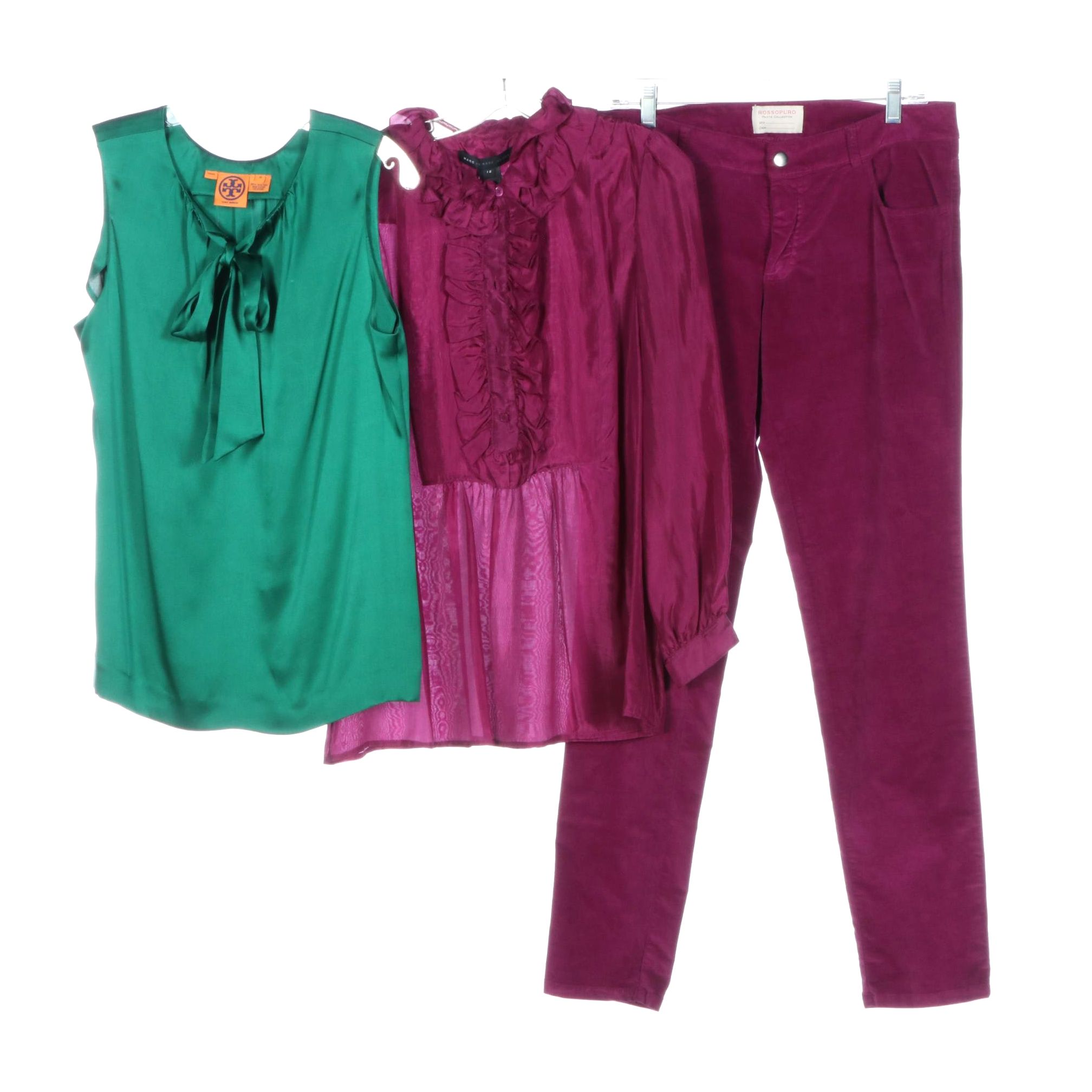 Tory Burch Silk Tie Neck Top, Marc by Marc Jacobs Ruffle Blouse, Rossopuro Pants
