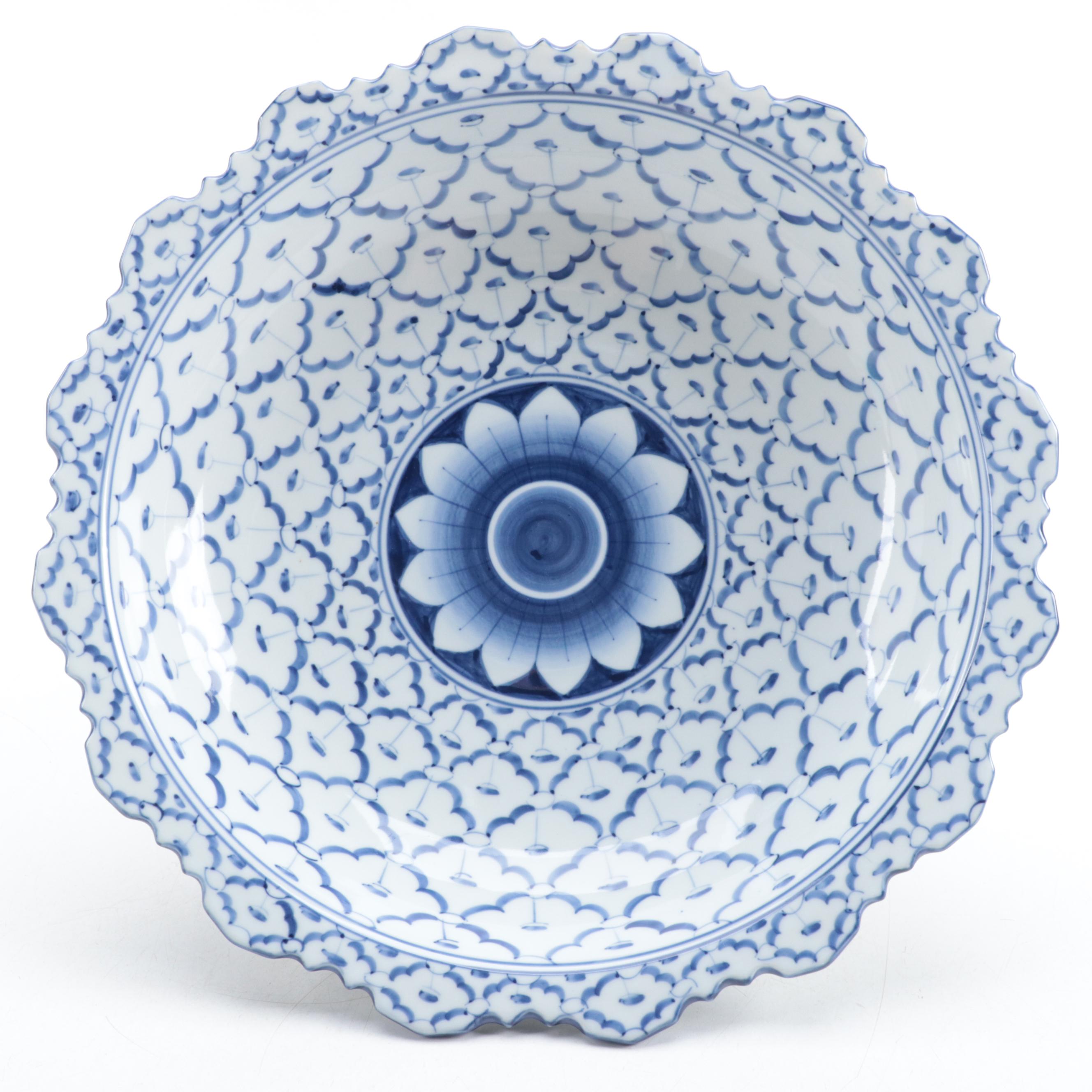 Blue and White Scalloped Edge Ceramic Compote