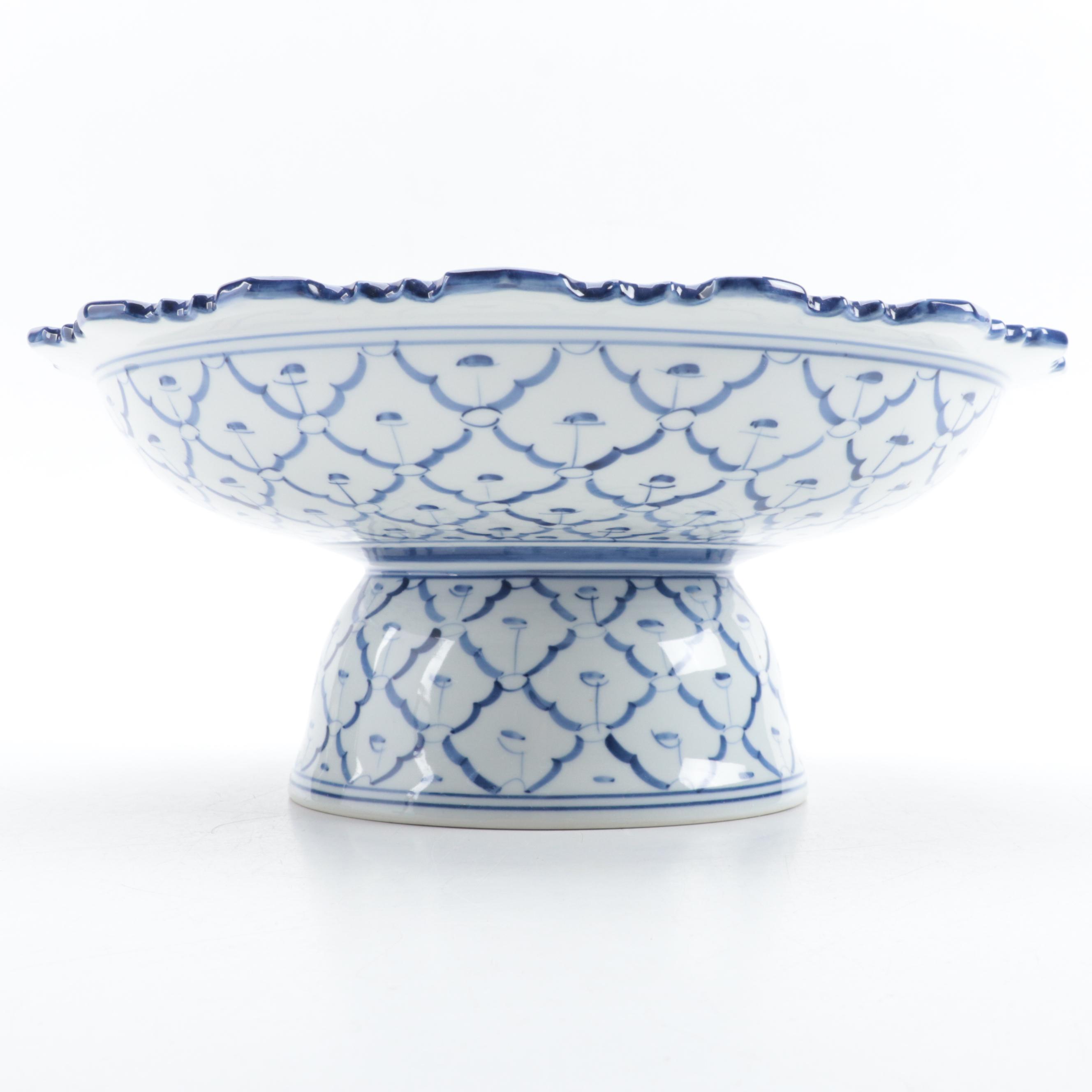 Blue and White Scalloped Edge Ceramic Compote