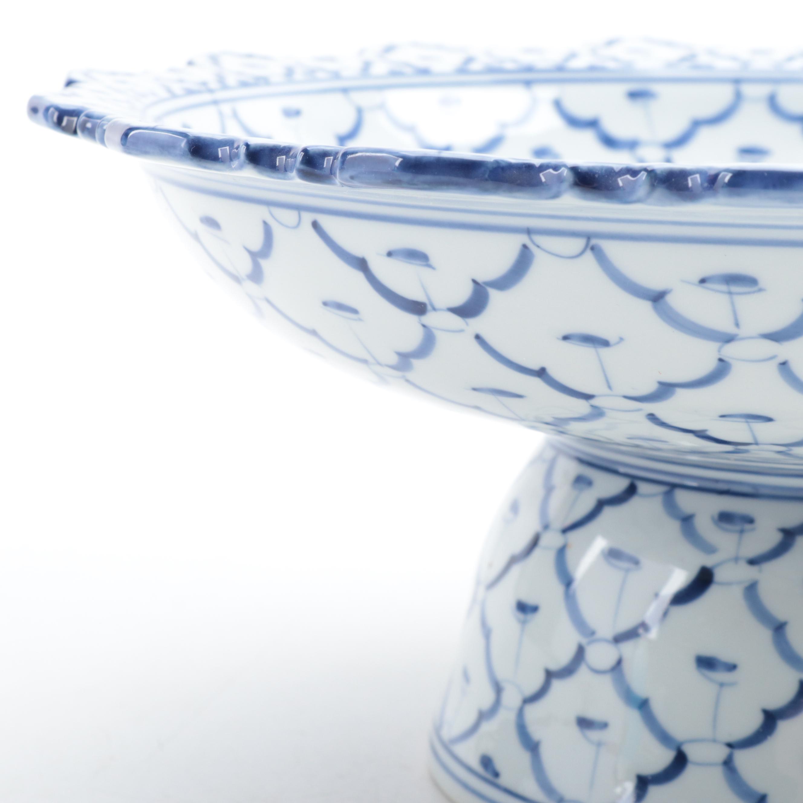 Blue and White Scalloped Edge Ceramic Compote