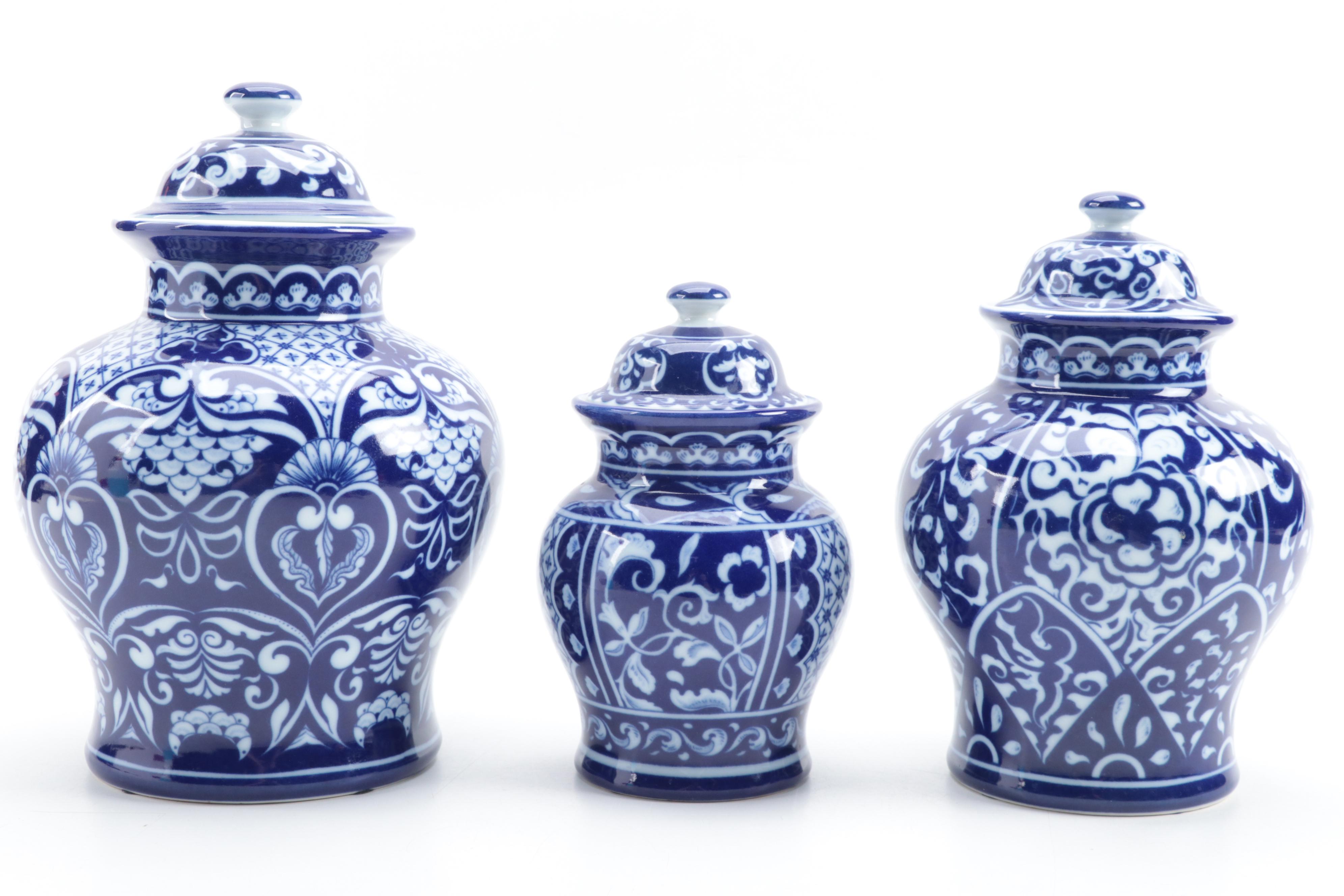 Chinese Blue and White Porcelain Temple Jars