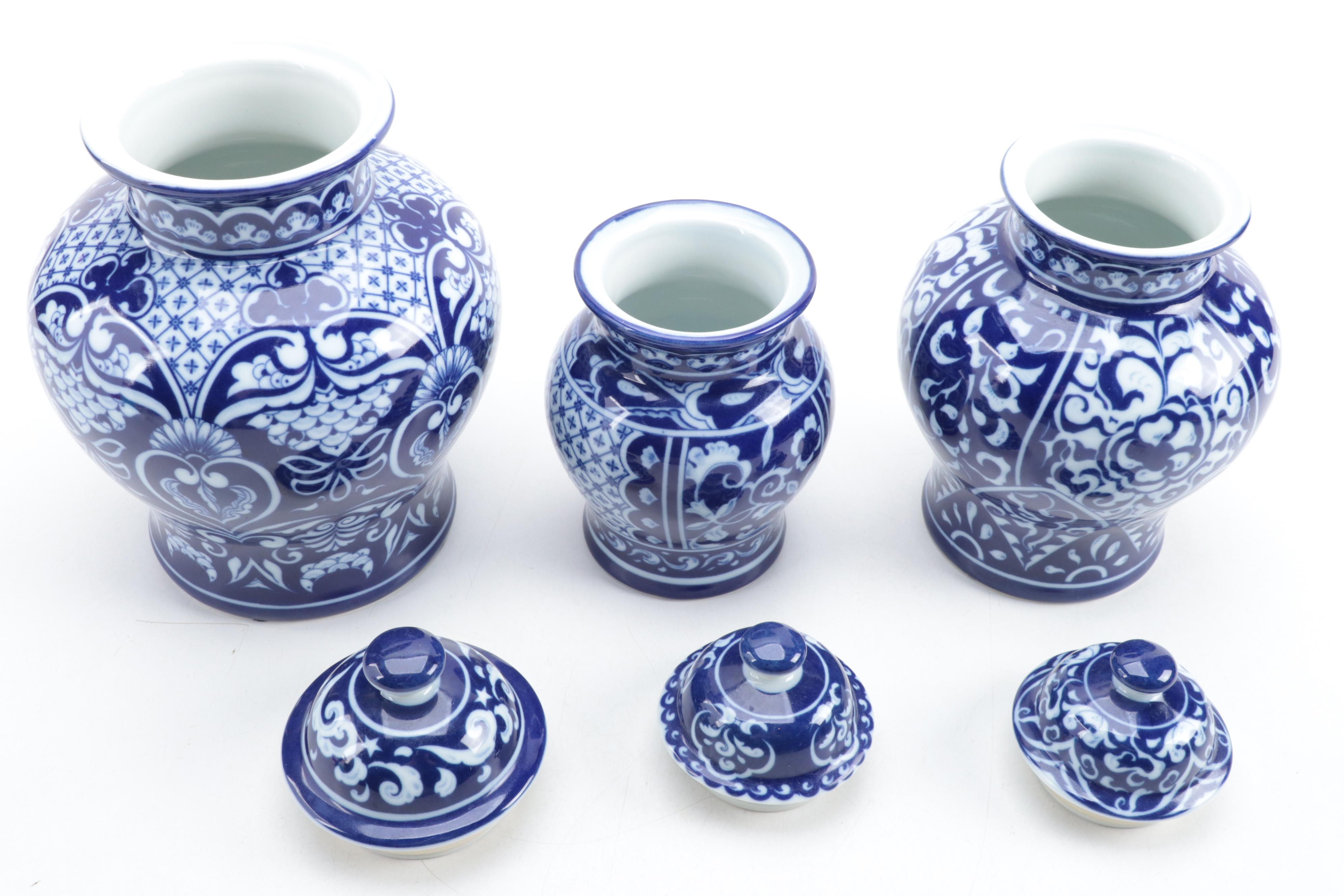 Chinese Blue and White Porcelain Temple Jars