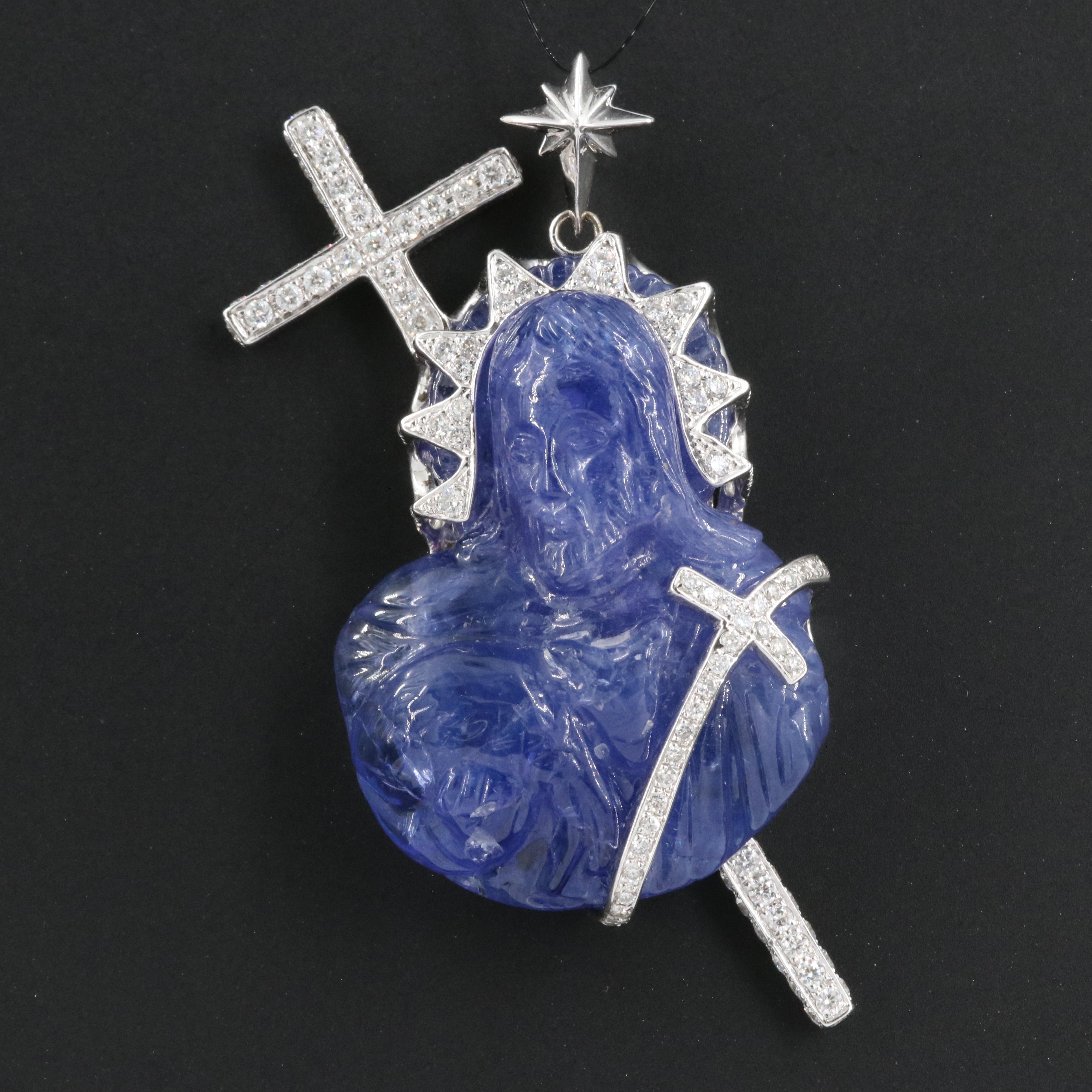 14K 87.67 CT Tanzanite and 2.61 CTW Diamond Jesus and Cross Pendant