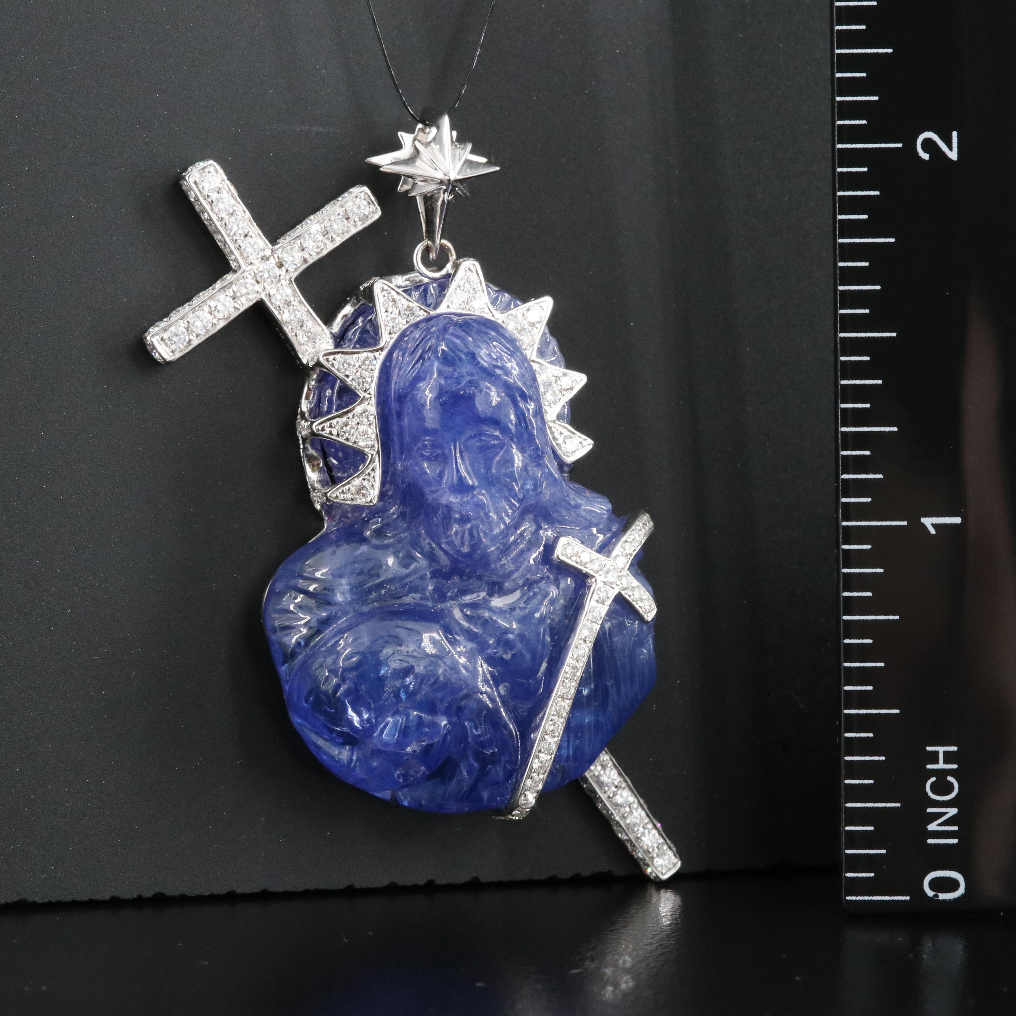 14K 87.67 CT Tanzanite and 2.61 CTW Diamond Jesus and Cross Pendant