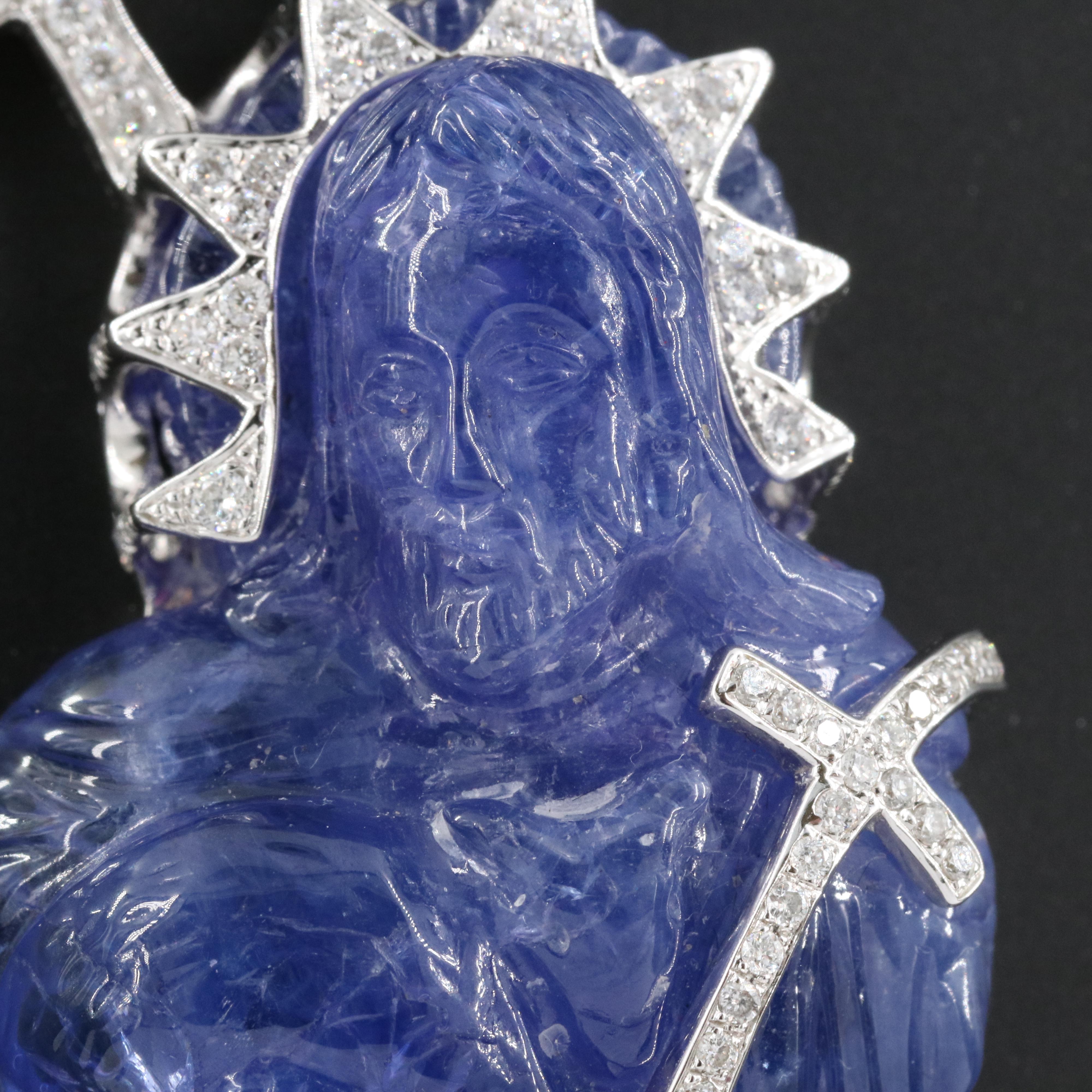 14K 87.67 CT Tanzanite and 2.61 CTW Diamond Jesus and Cross Pendant