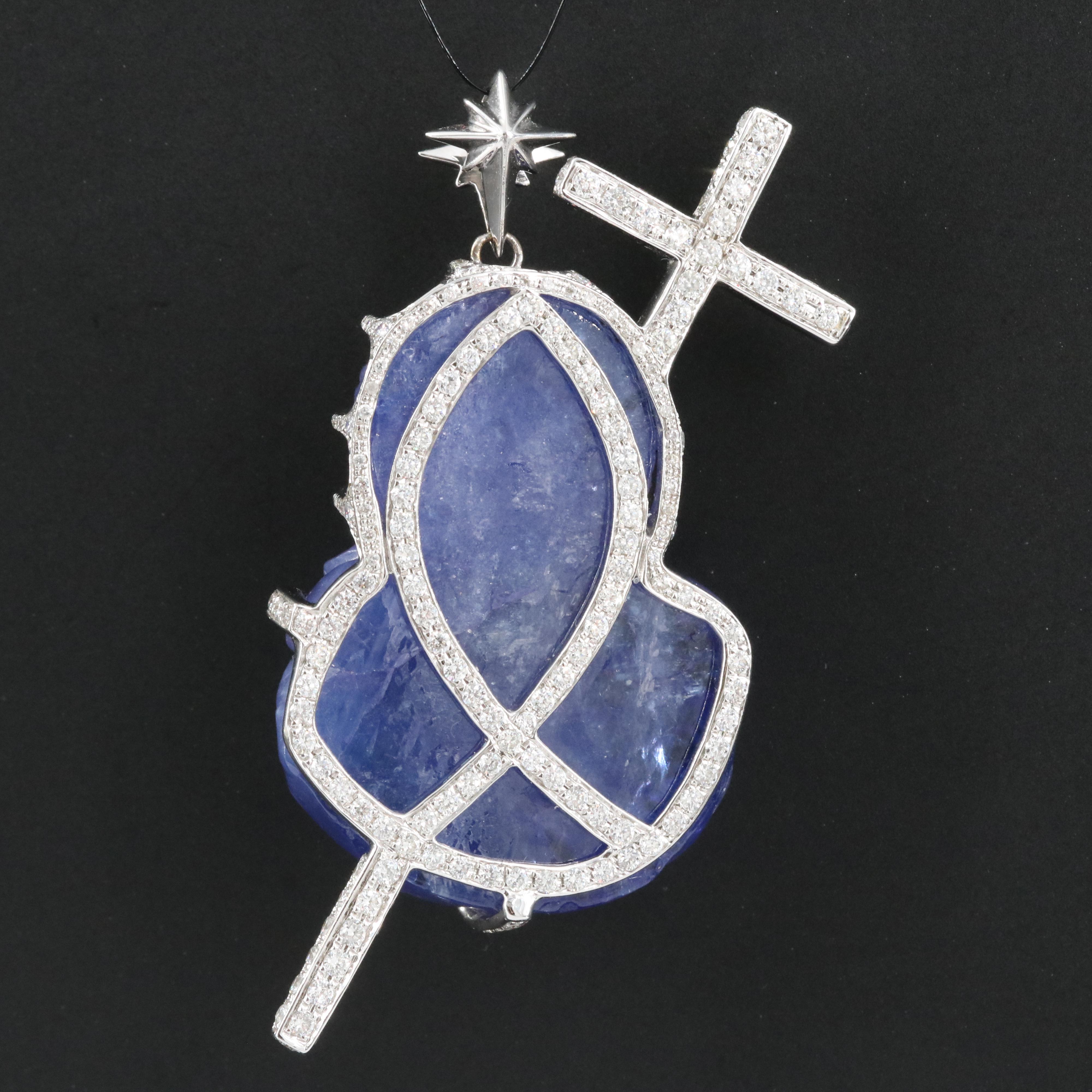 14K 87.67 CT Tanzanite and 2.61 CTW Diamond Jesus and Cross Pendant