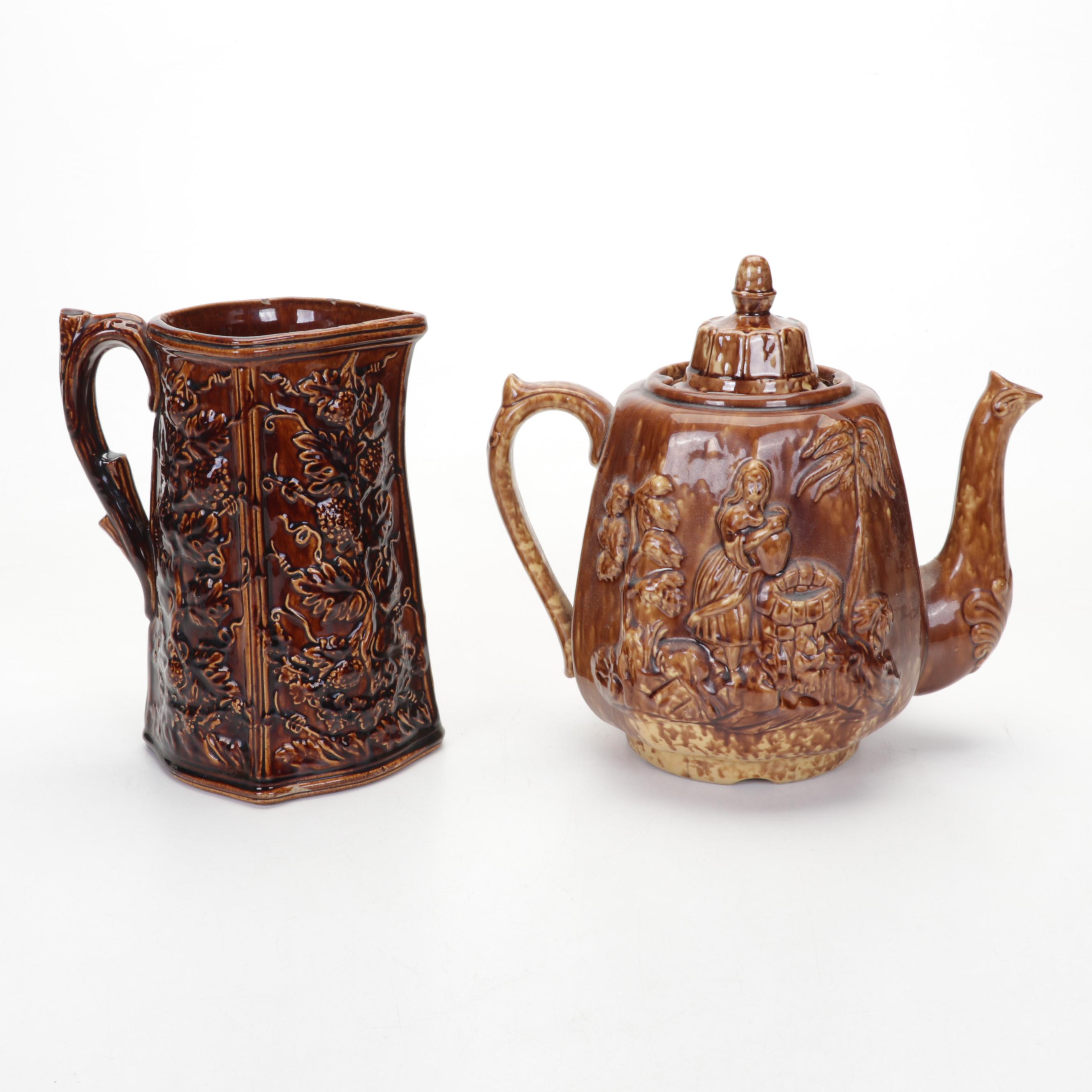 Rockingham Glazed "Rebekah at the Well", Teapots, Porcelain Toast Rack, & More