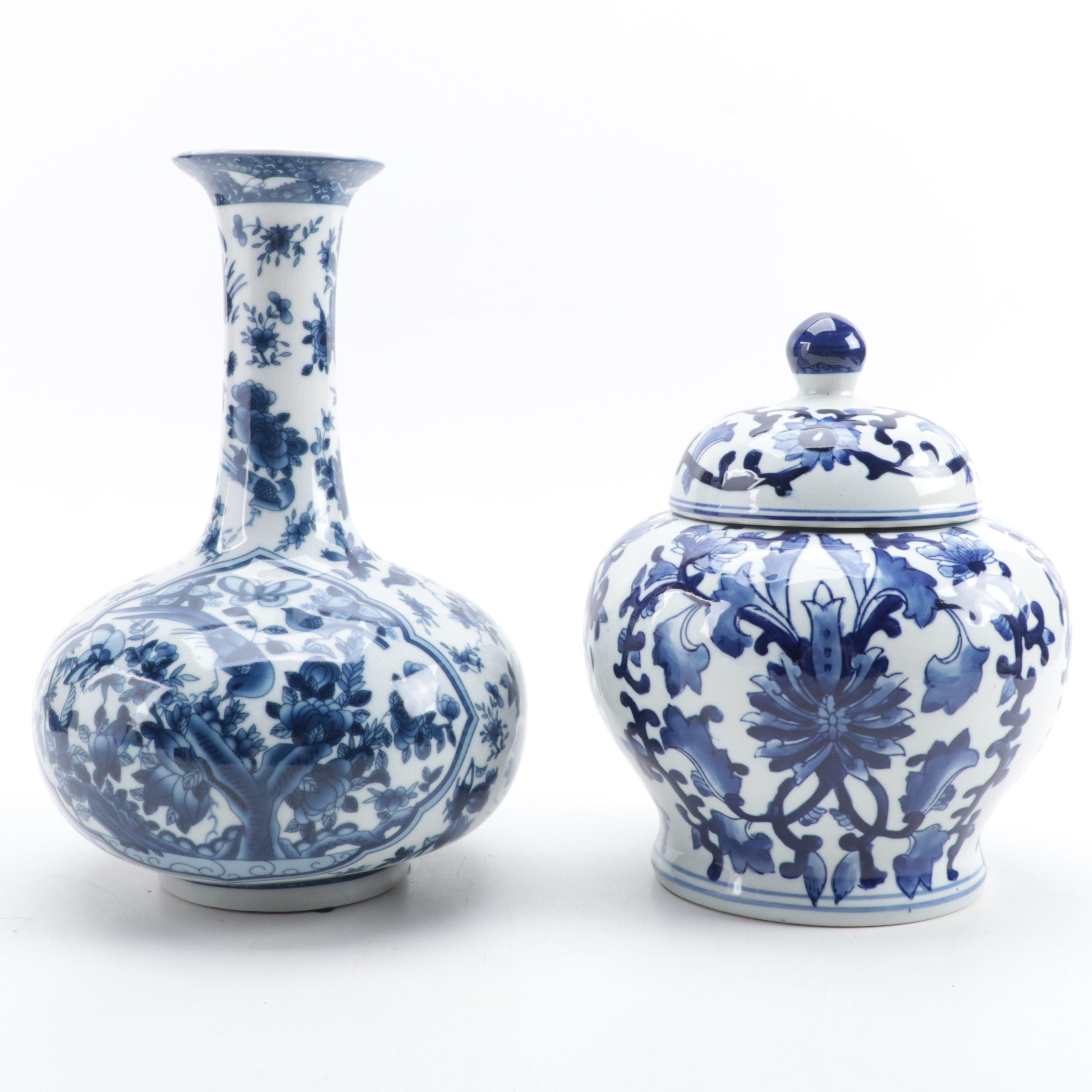 Chinese Blue and White Porcelain Ginger Jar, Vases and Delft Style Platter