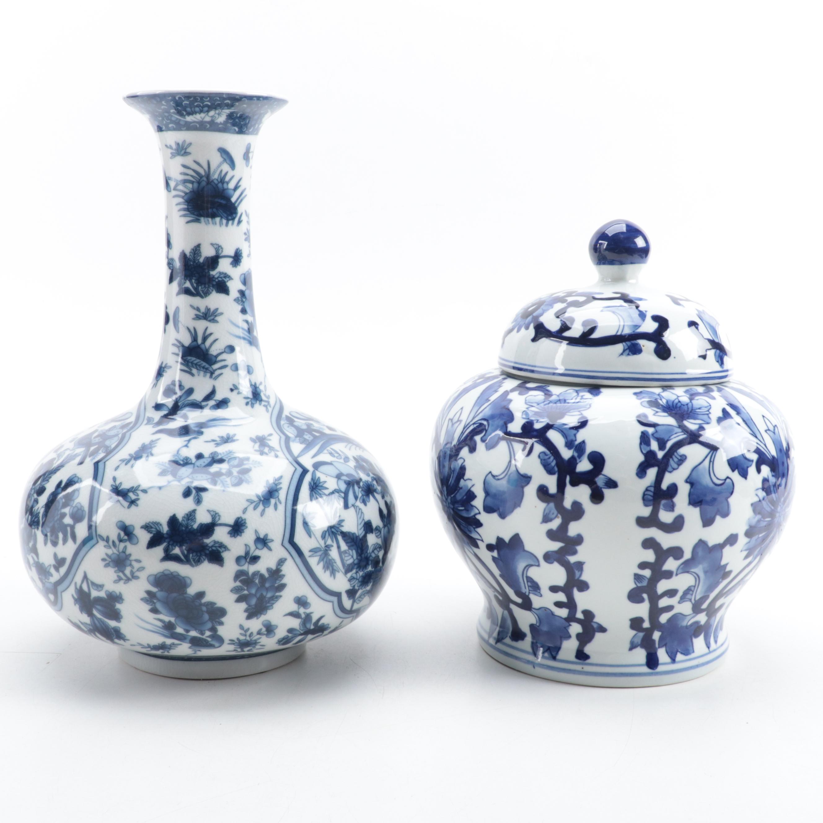 Chinese Blue and White Porcelain Ginger Jar, Vases and Delft Style Platter