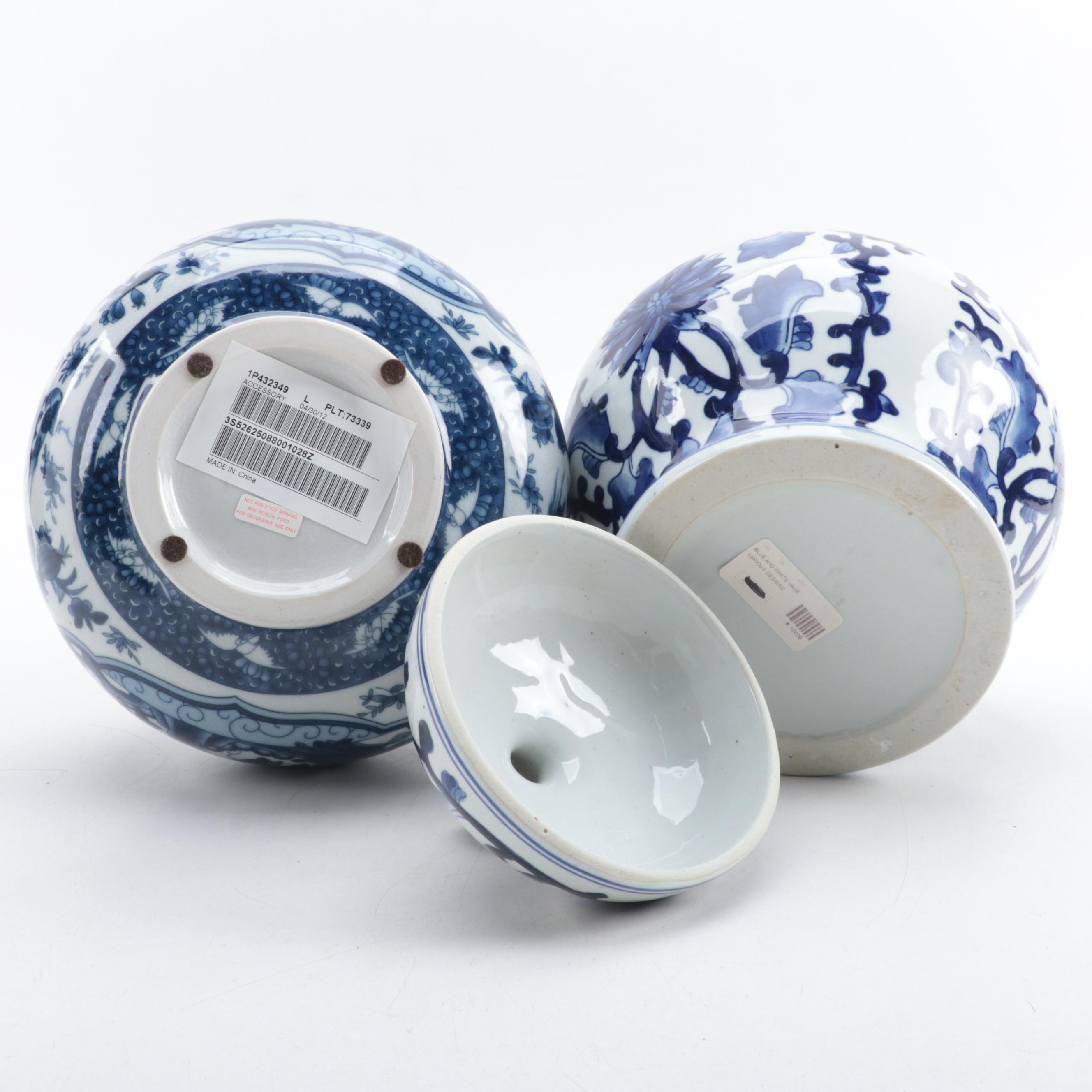 Chinese Blue and White Porcelain Ginger Jar, Vases and Delft Style Platter