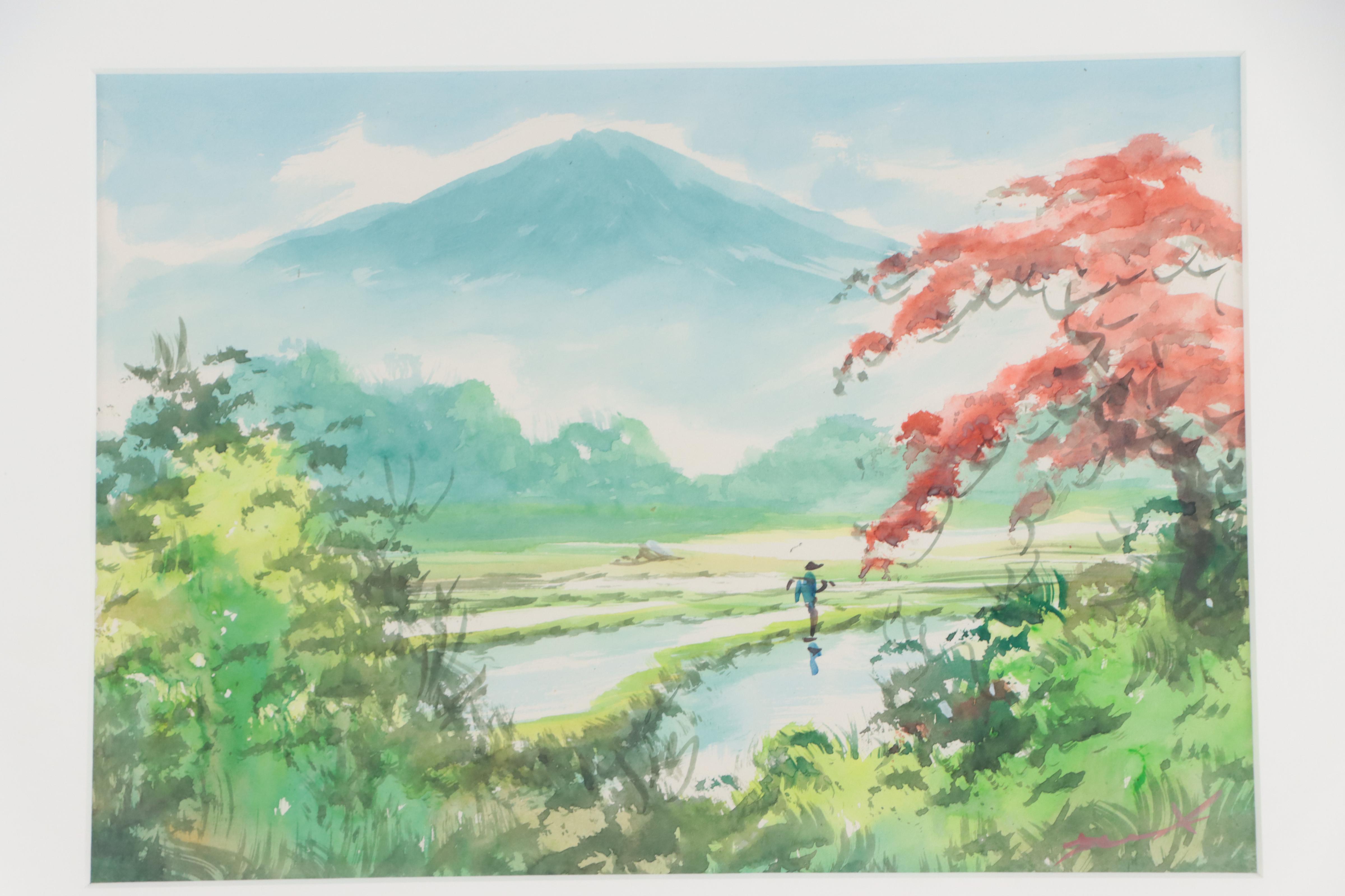 Japanese Landscape With Mount Fuji Watercolor Painting