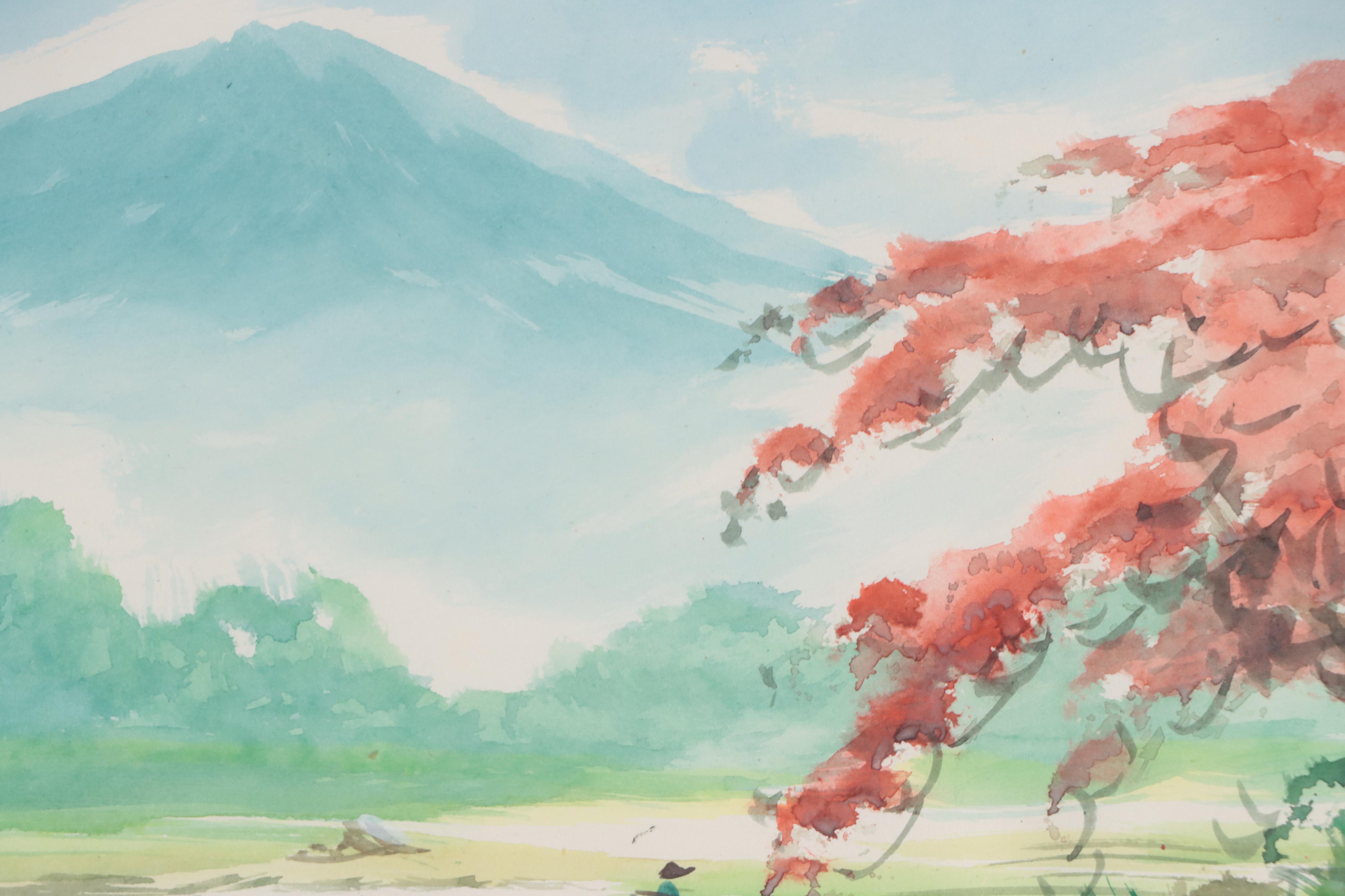 Japanese Landscape With Mount Fuji Watercolor Painting