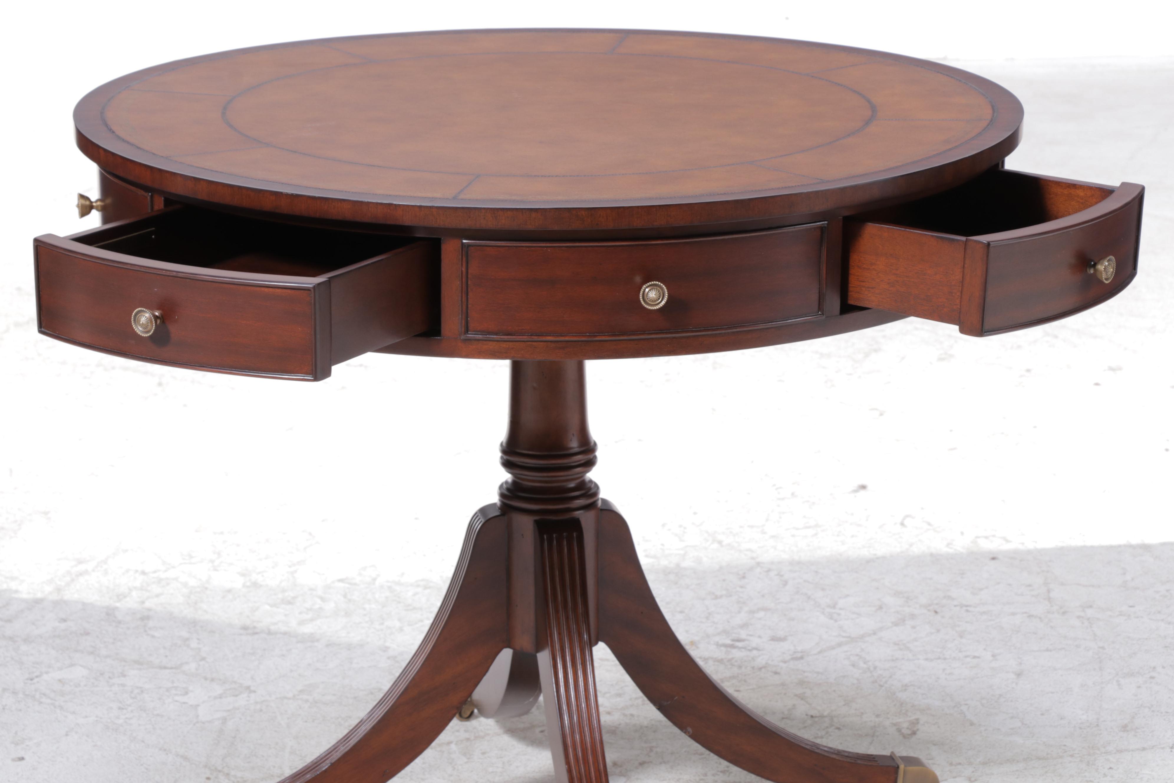 Ethan Allen "Bradford" Tooled Leather-Top Mahogany Rent Table