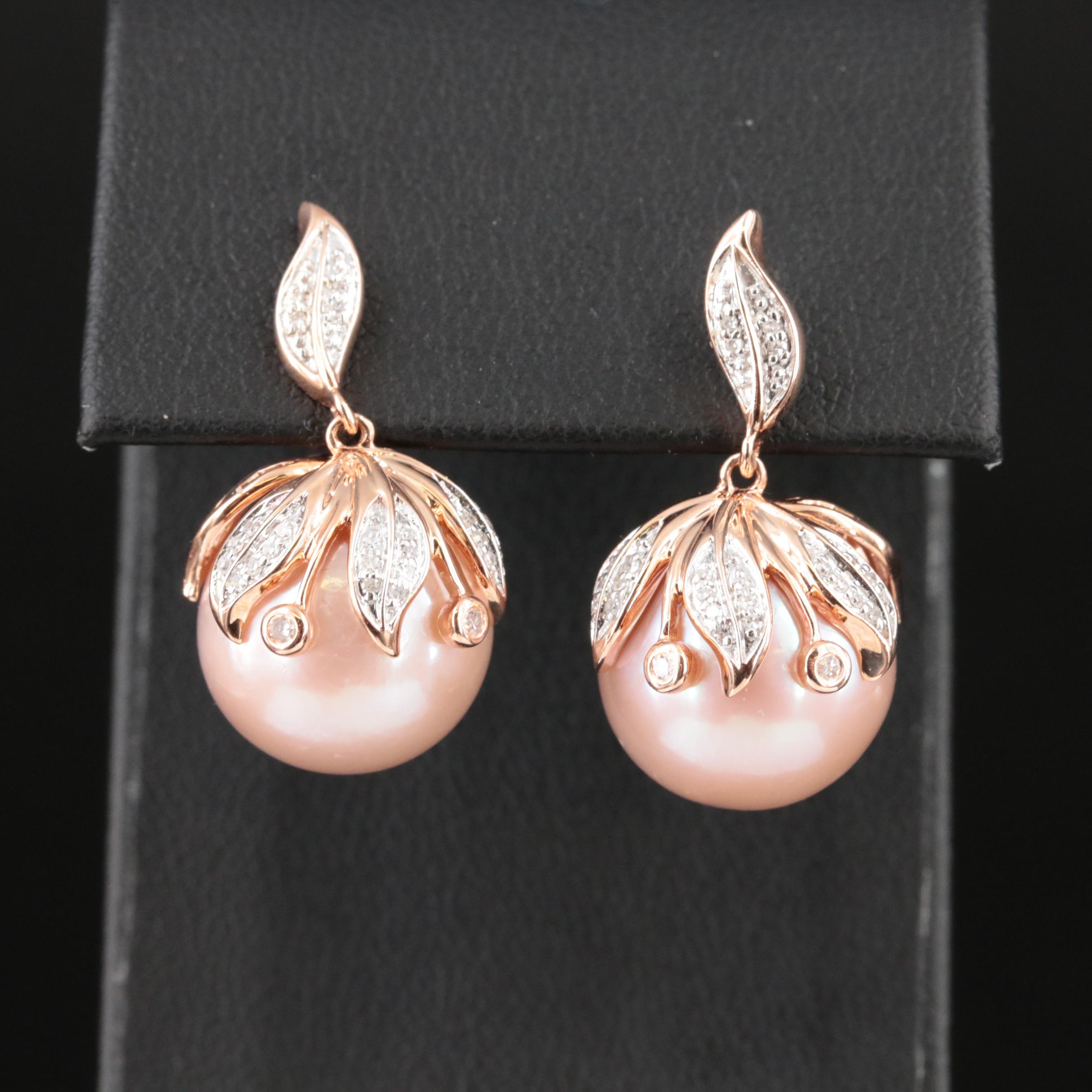 14K Rose Gold 13.65 mm Pearl and Diamond Drop Earrings