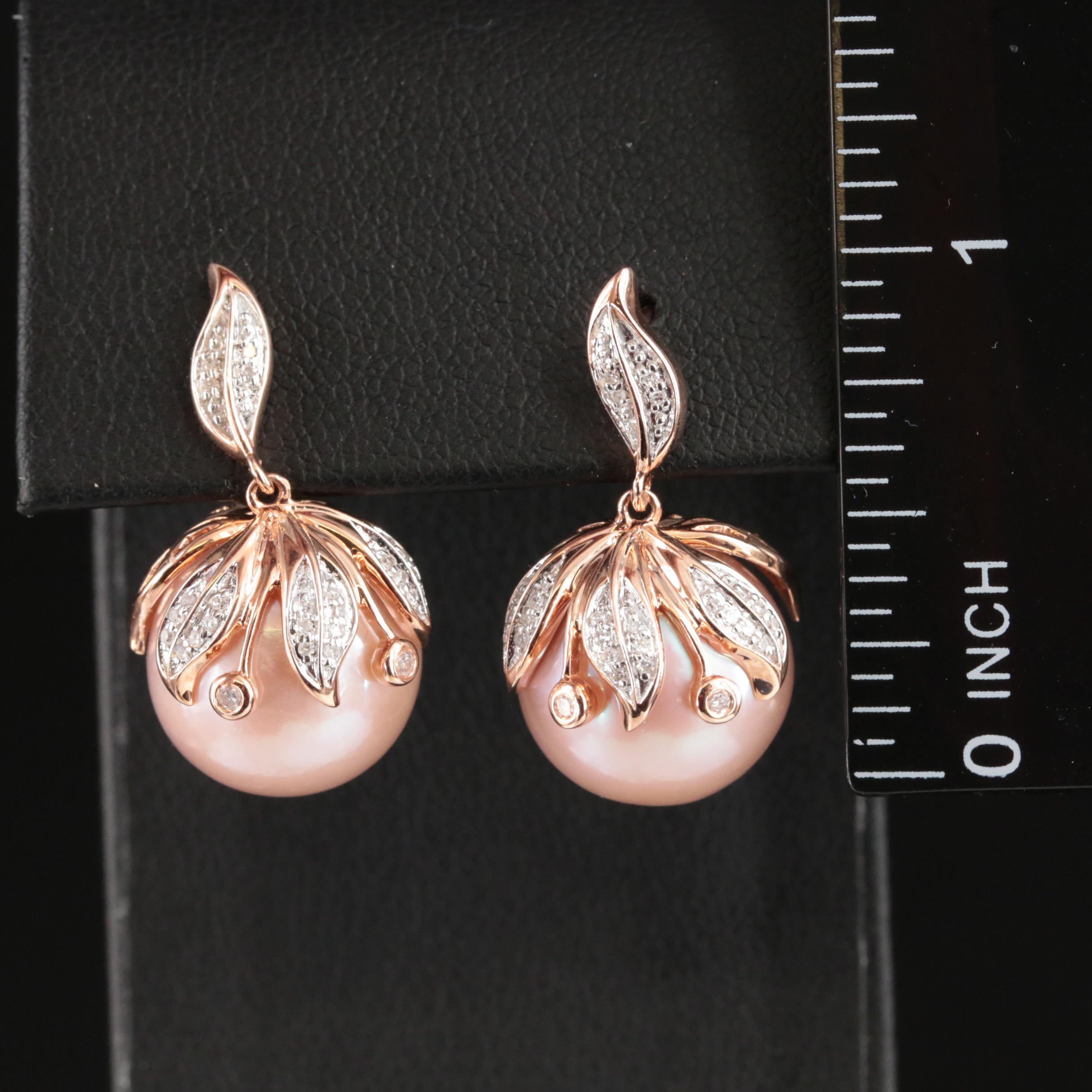 14K Rose Gold 13.65 mm Pearl and Diamond Drop Earrings