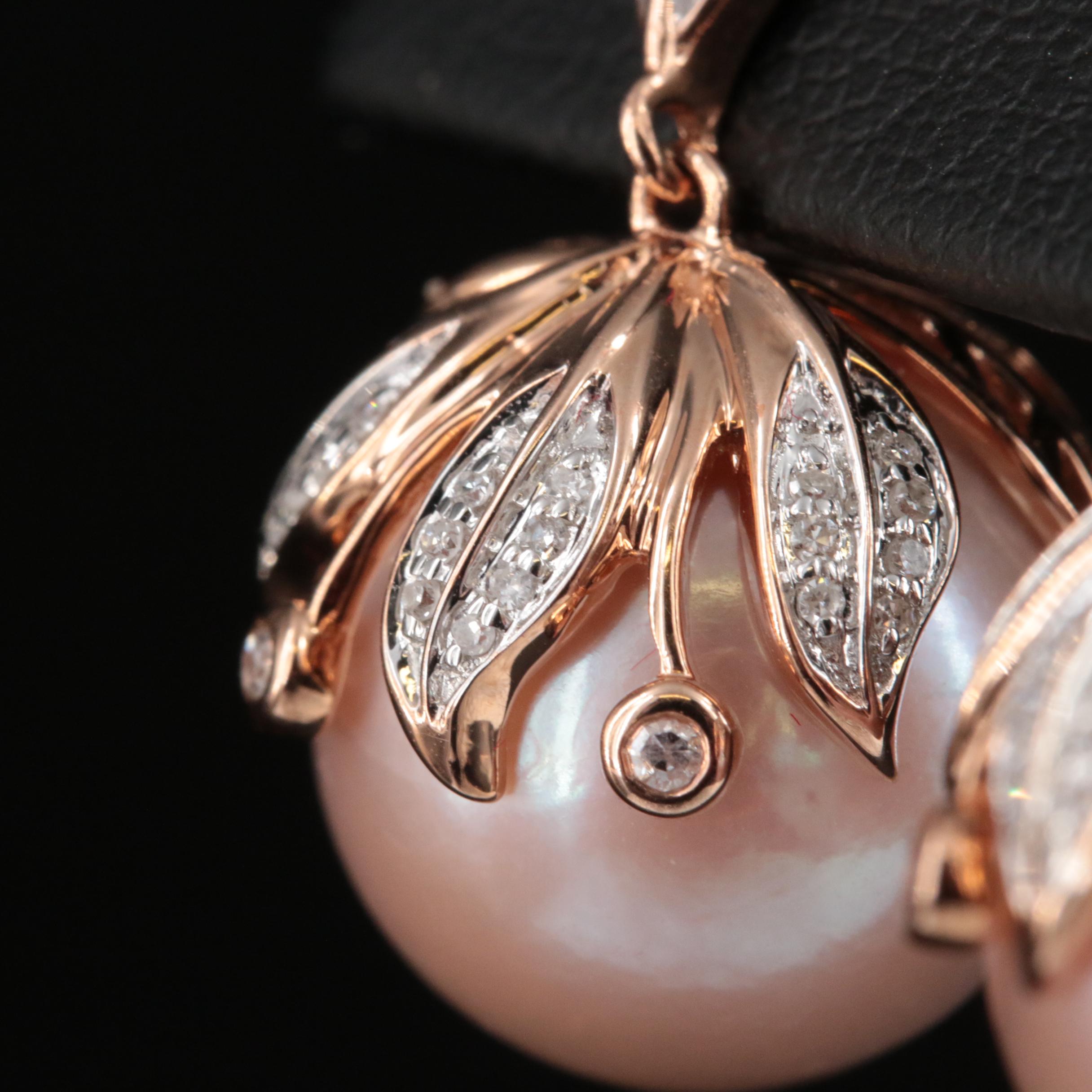 14K Rose Gold 13.65 mm Pearl and Diamond Drop Earrings