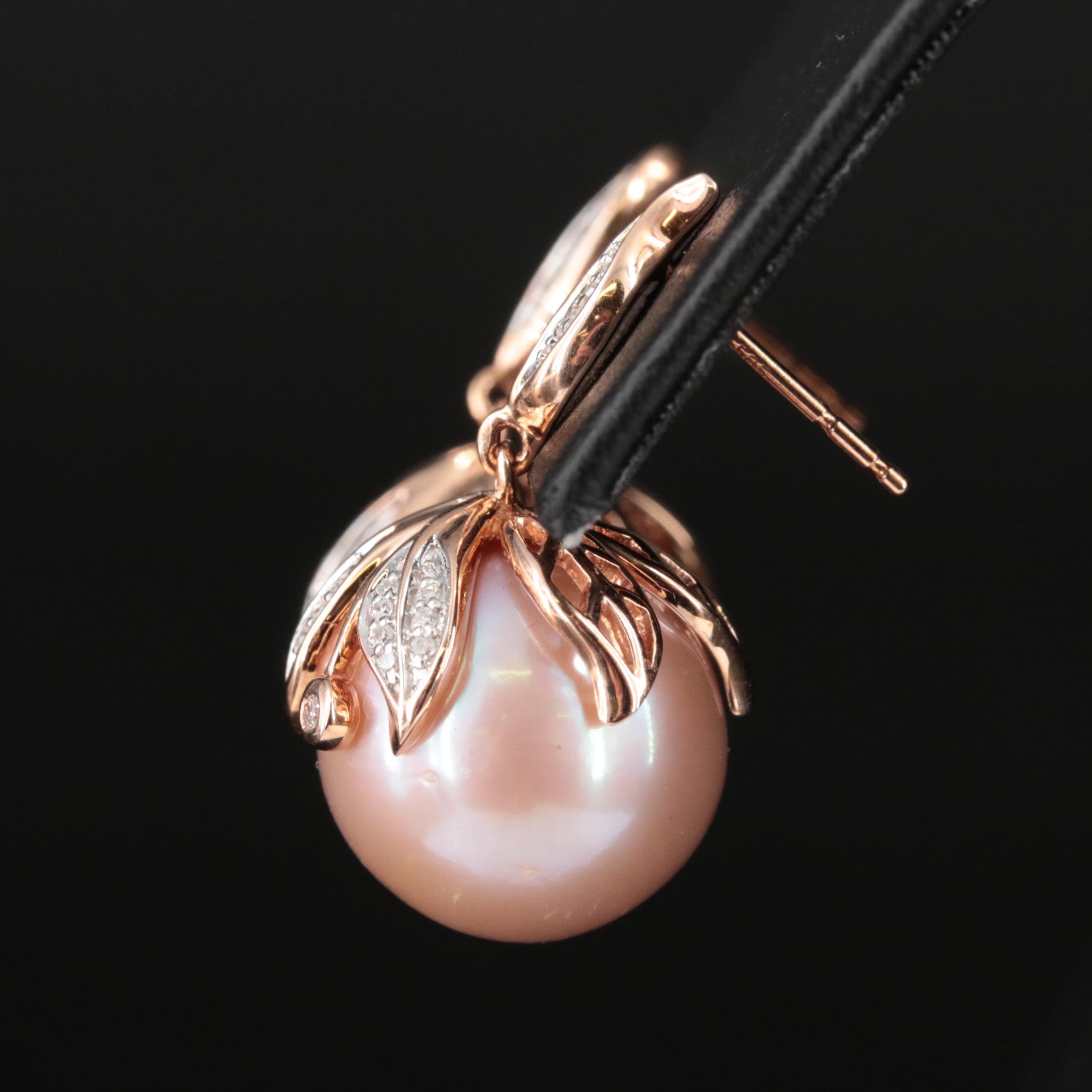 14K Rose Gold 13.65 mm Pearl and Diamond Drop Earrings