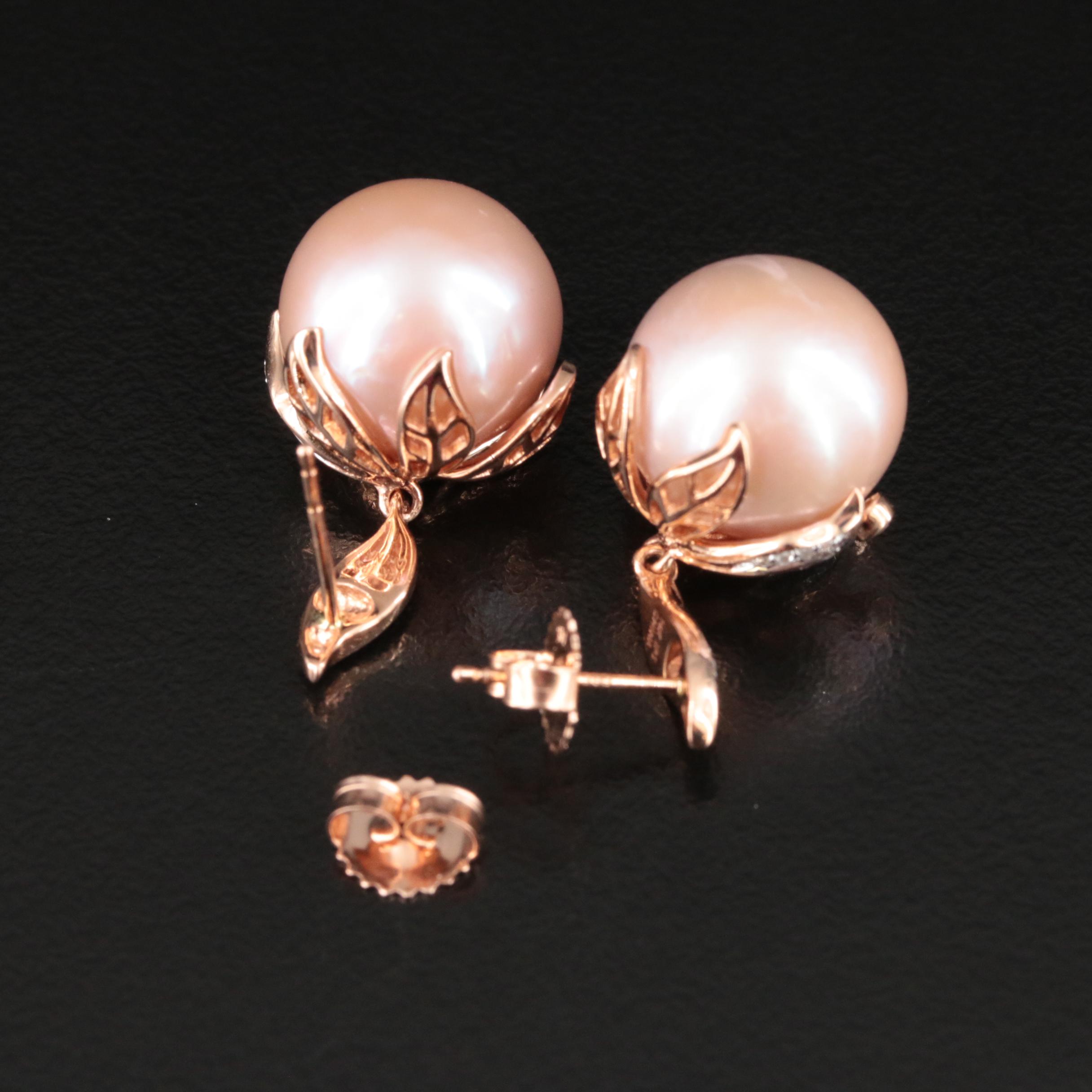 14K Rose Gold 13.65 mm Pearl and Diamond Drop Earrings