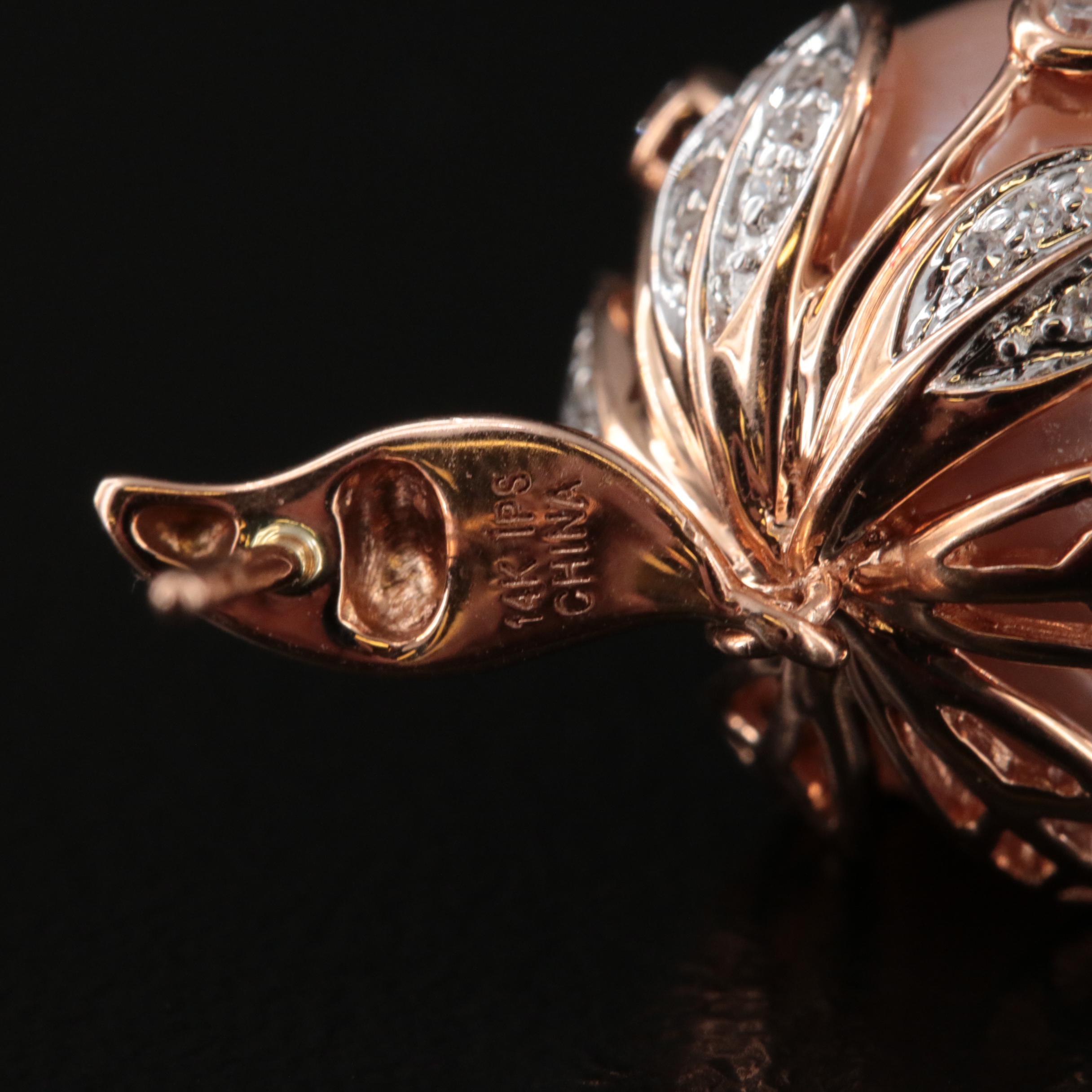 14K Rose Gold 13.65 mm Pearl and Diamond Drop Earrings