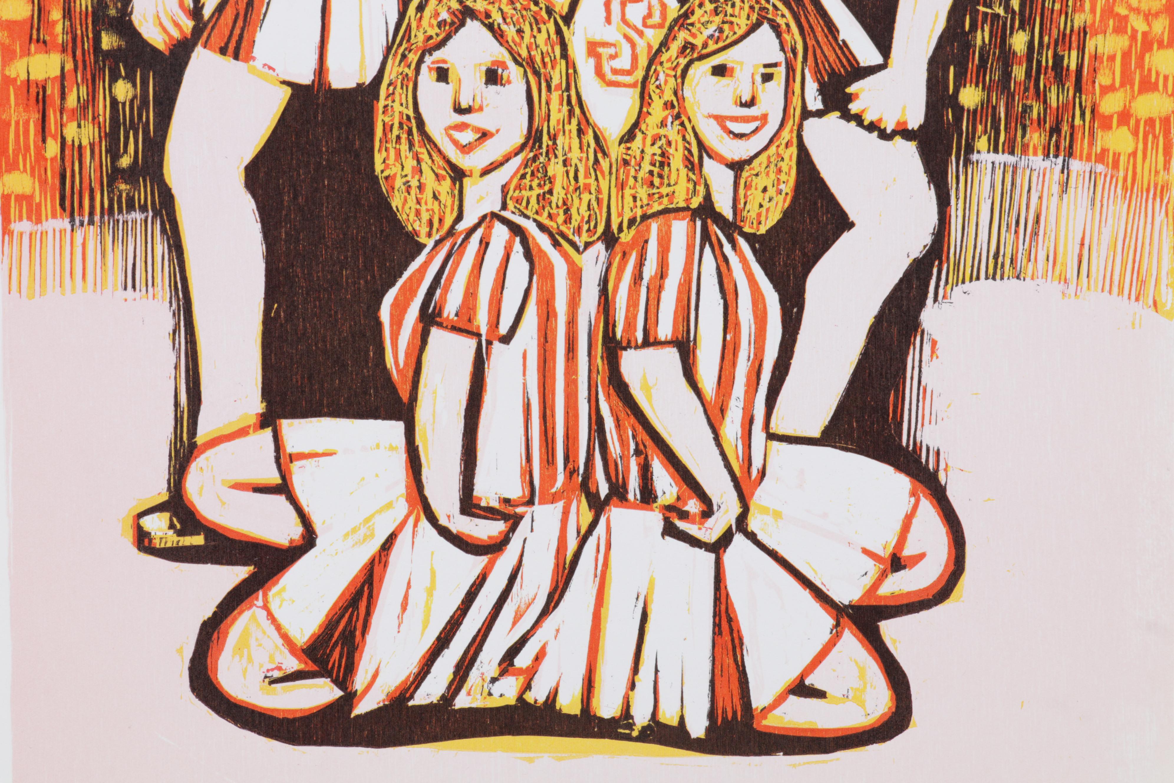 Sidney Chafetz Woodcut "This Year's Squad," 1990