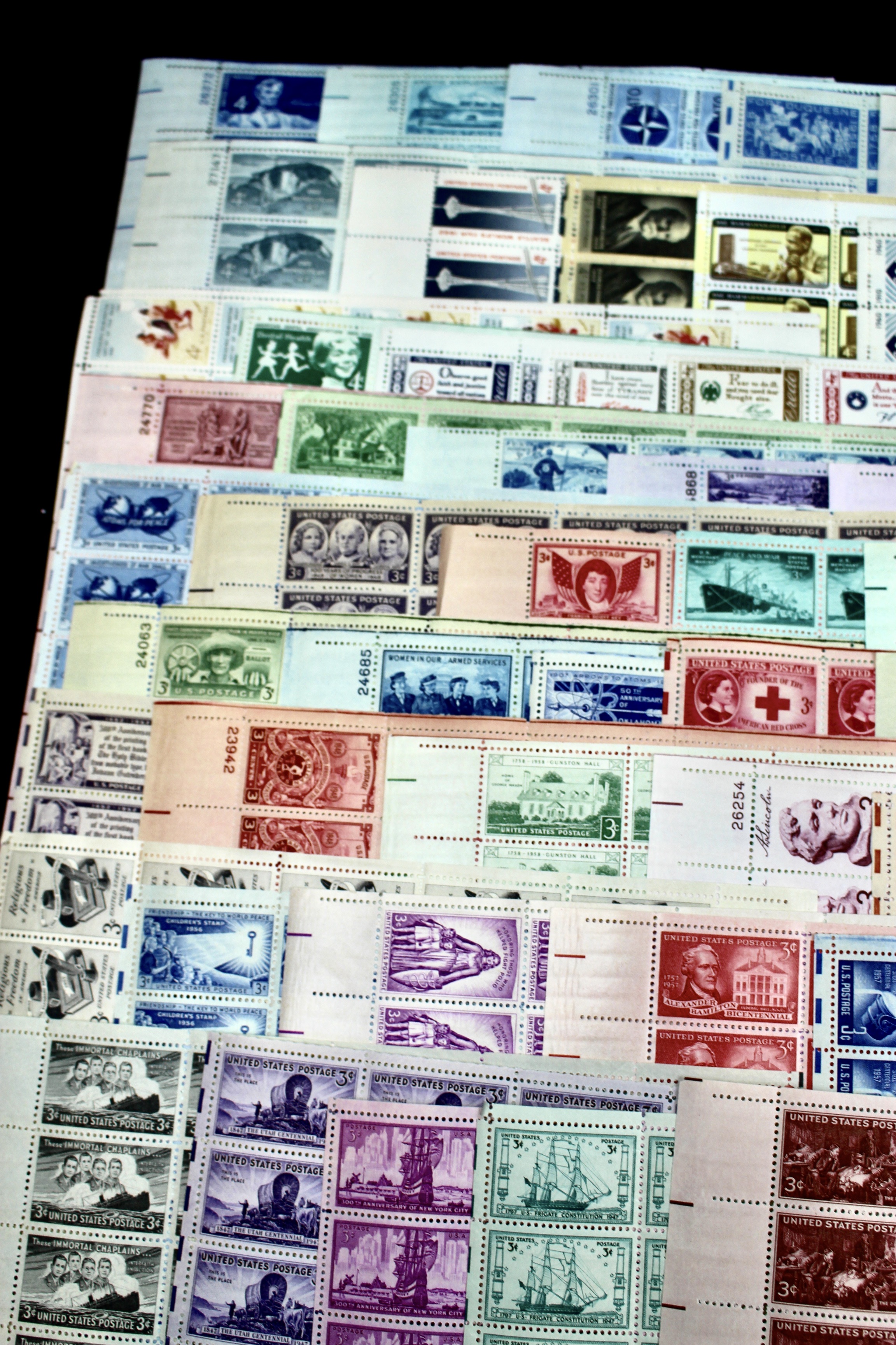 Ninety-Two U.S. Postage Stamp Sheets, 1940s to 1960s