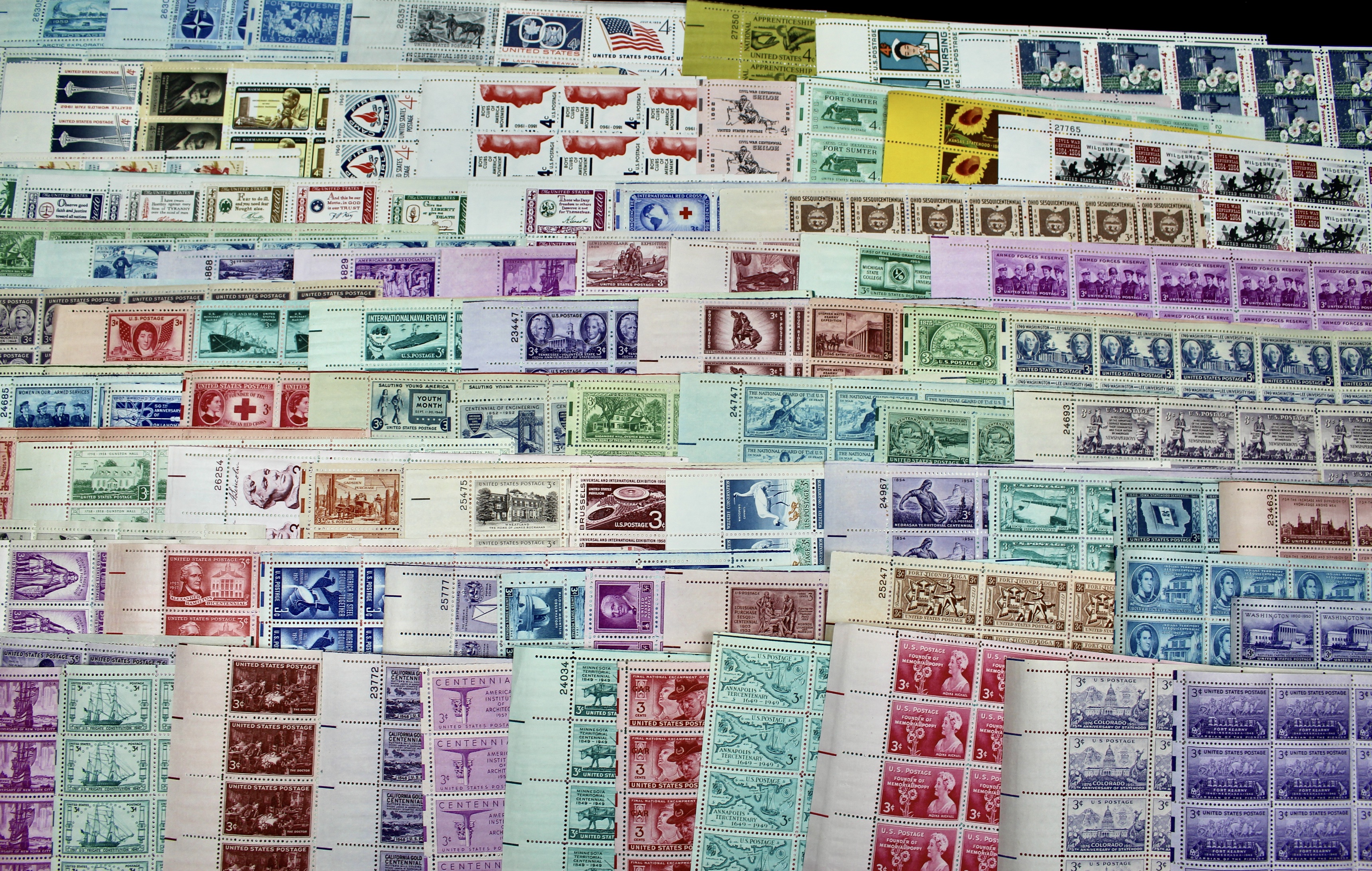 Ninety-Two U.S. Postage Stamp Sheets, 1940s to 1960s