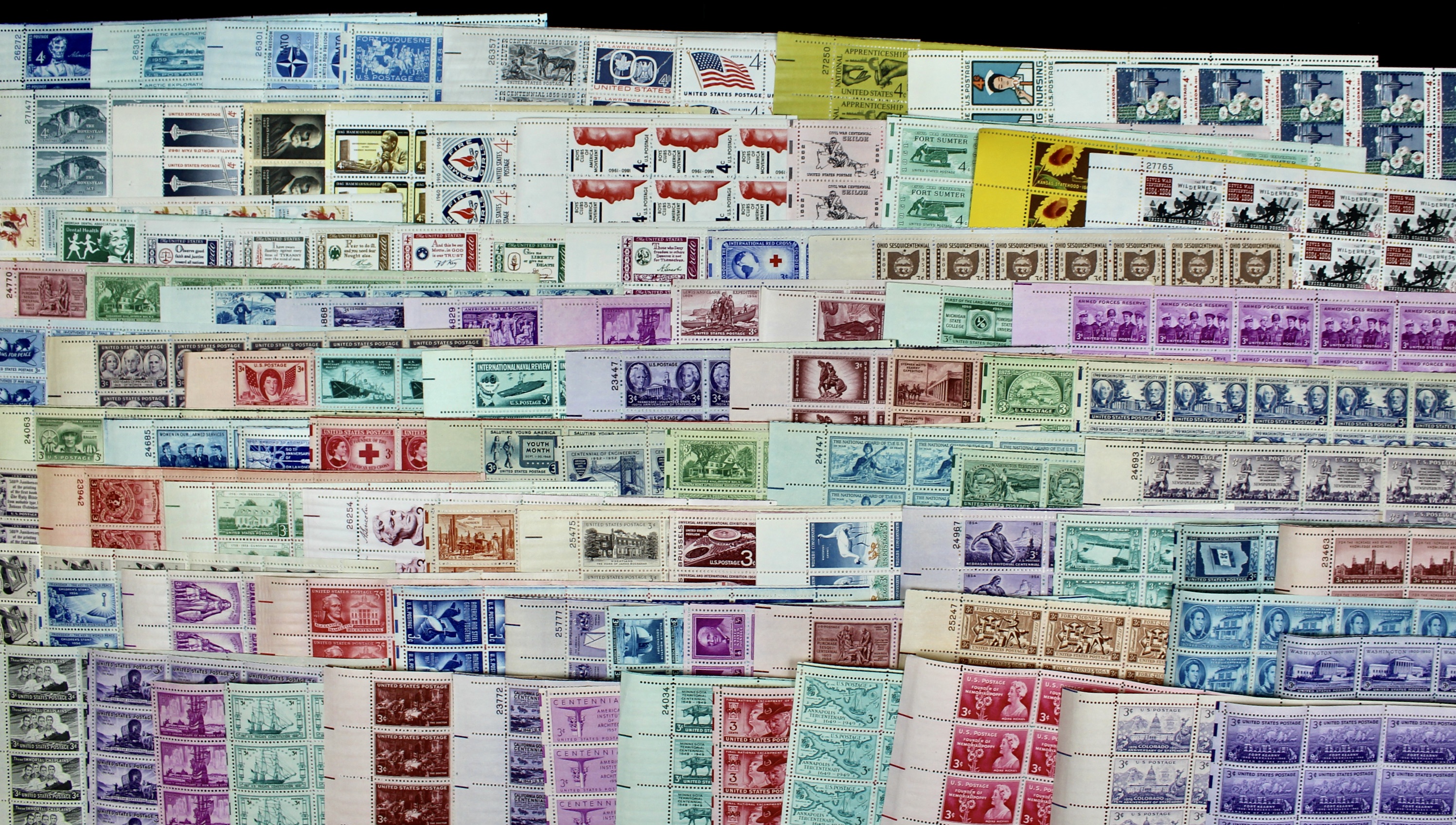 Ninety-Two U.S. Postage Stamp Sheets, 1940s to 1960s