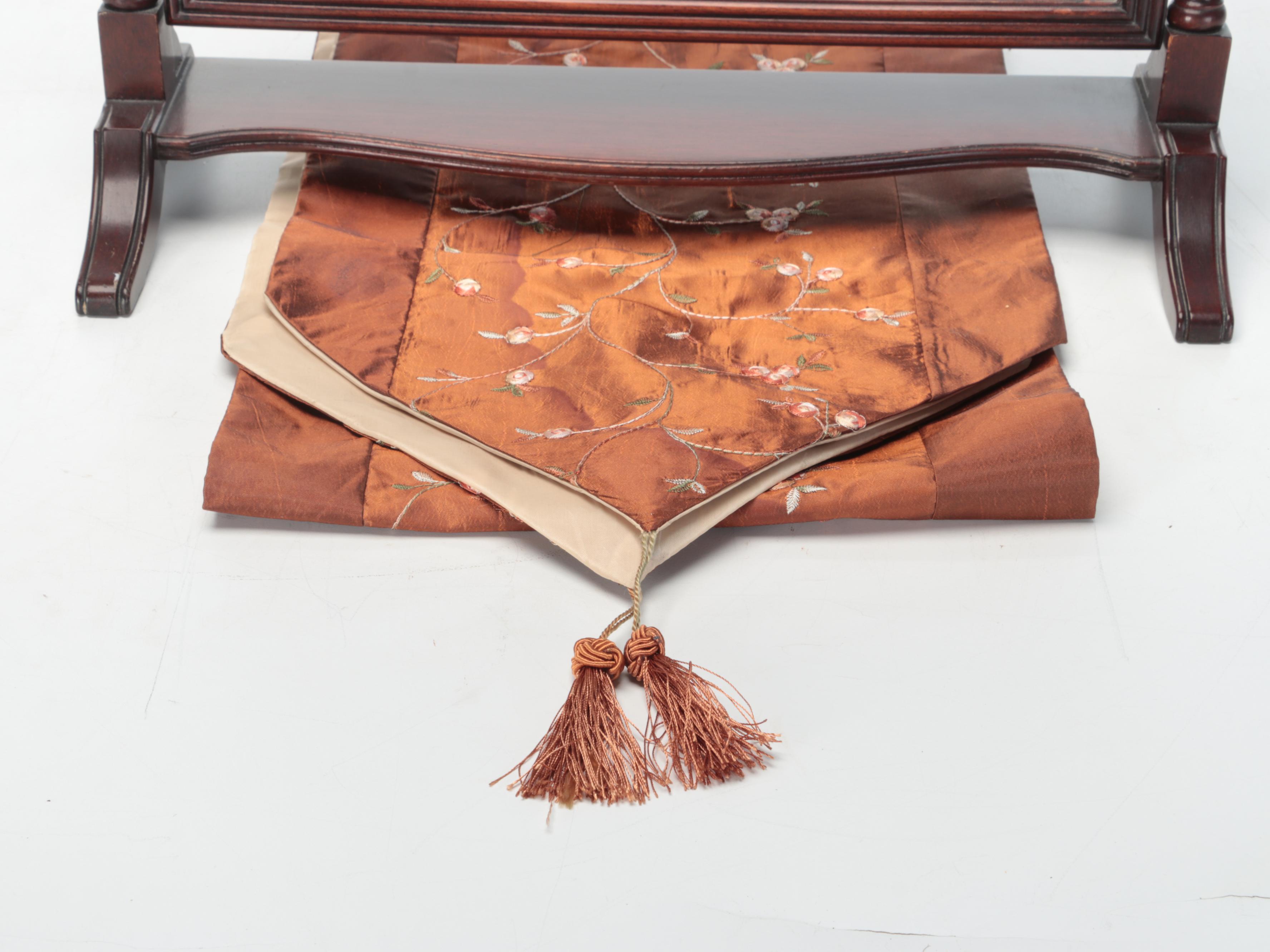 Federal Style Wooden Shaving or Dresser Mirror with Embroidered Table Runner