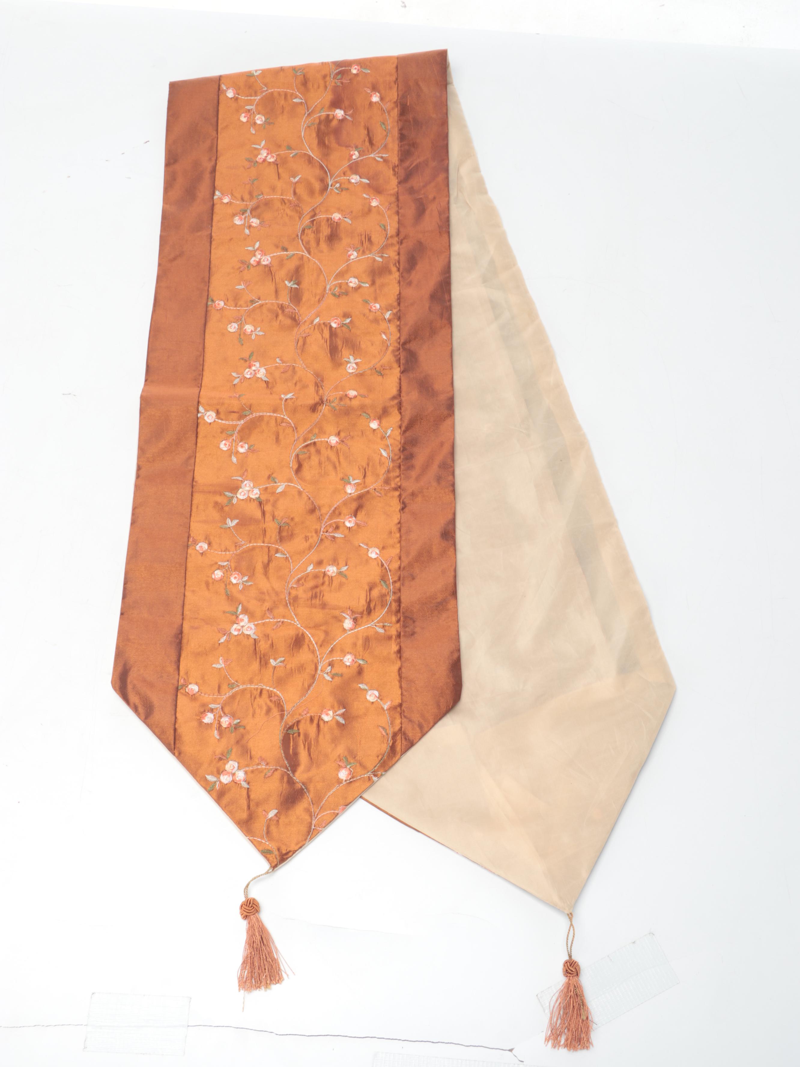 Federal Style Wooden Shaving or Dresser Mirror with Embroidered Table Runner