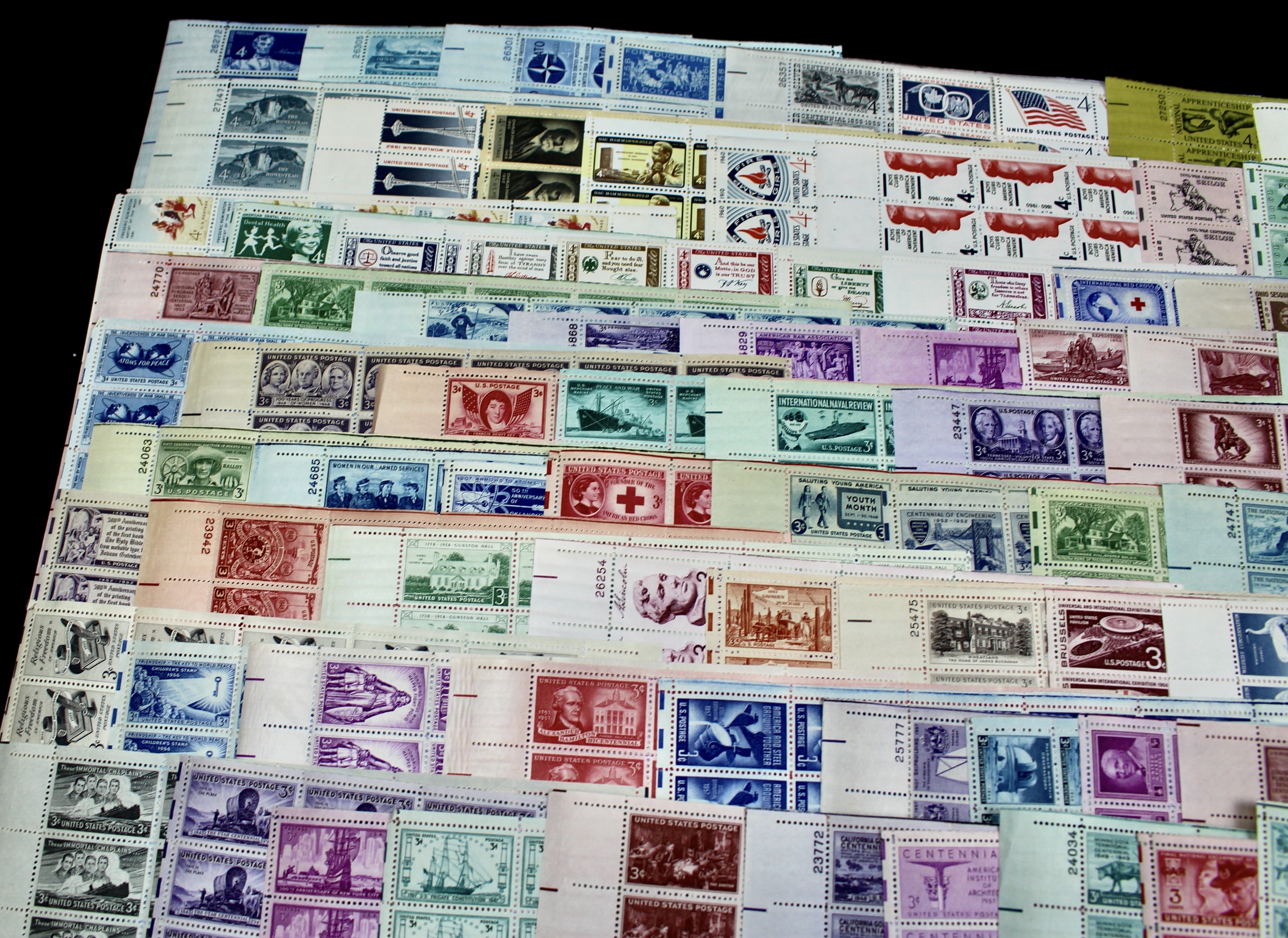 Ninety-Two U.S. Postage Stamp Sheets, 1940s to 1960s