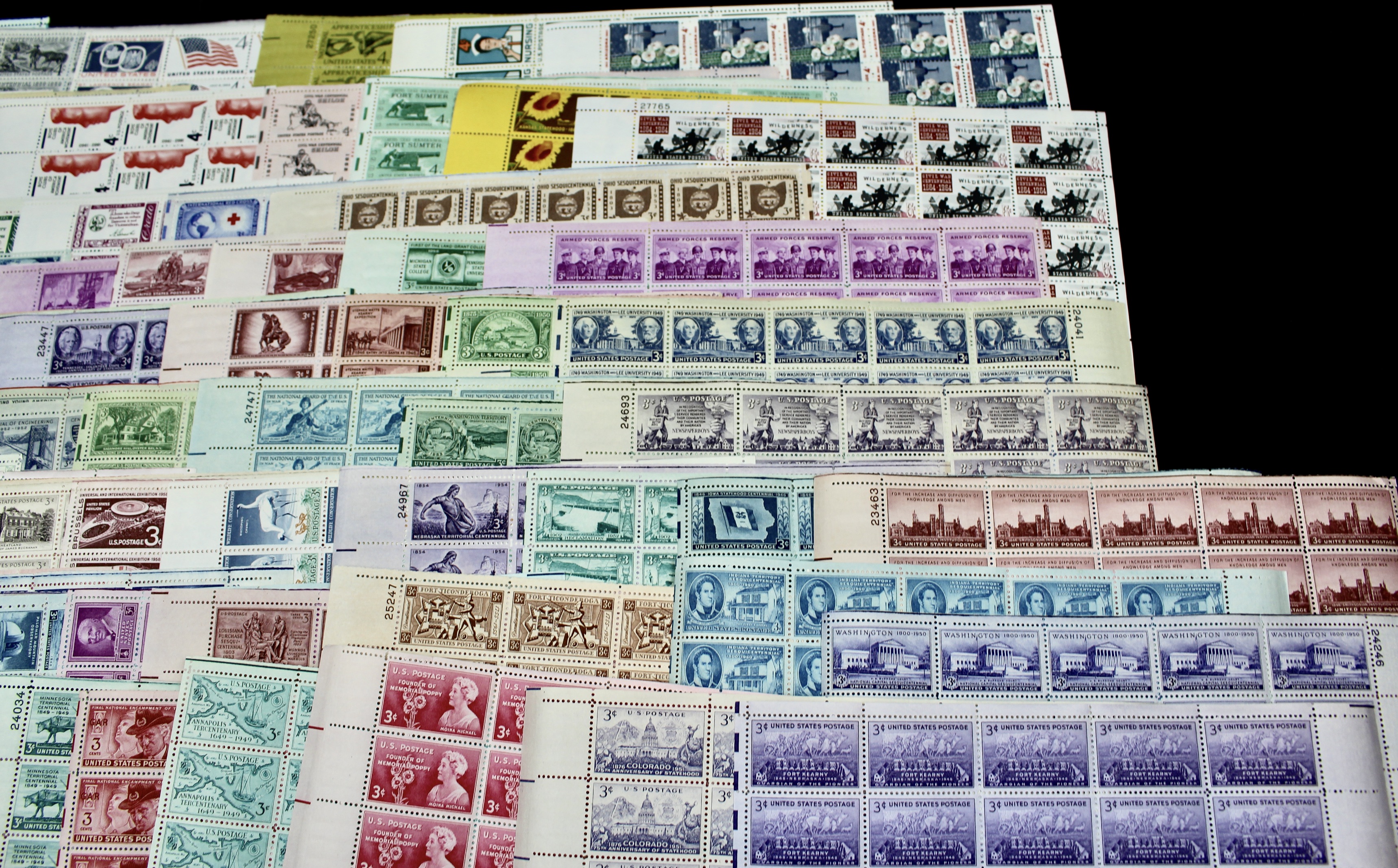Ninety-Two U.S. Postage Stamp Sheets, 1940s to 1960s