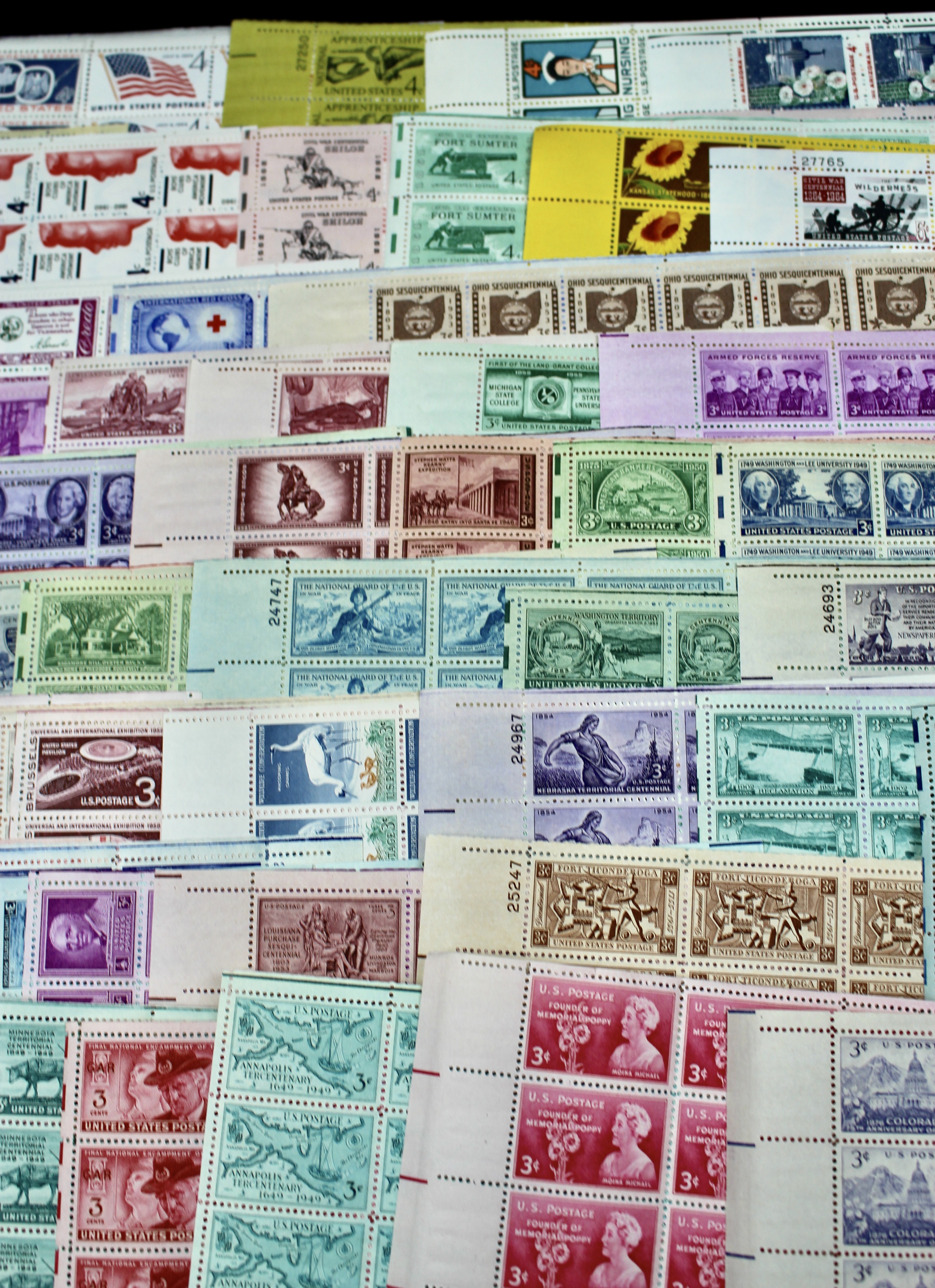 Ninety-Two U.S. Postage Stamp Sheets, 1940s to 1960s