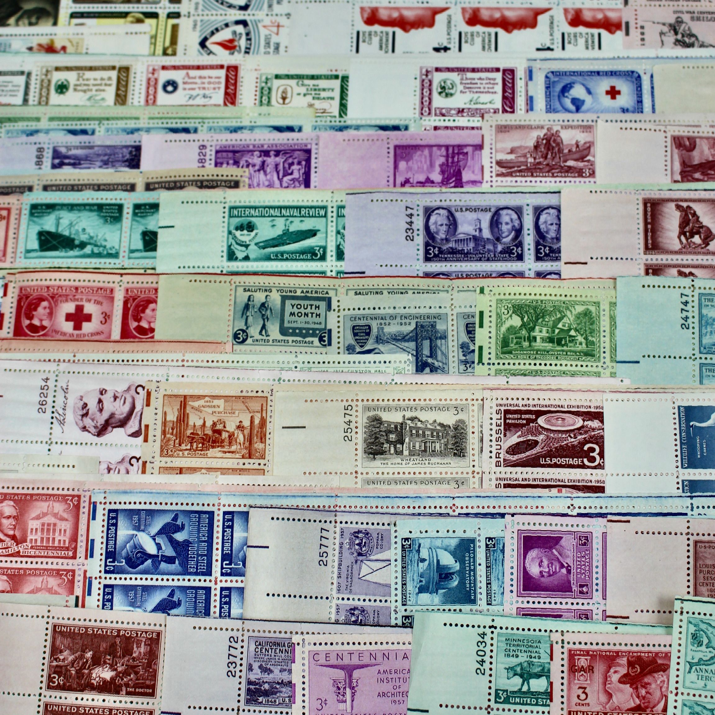Ninety-Two U.S. Postage Stamp Sheets, 1940s to 1960s