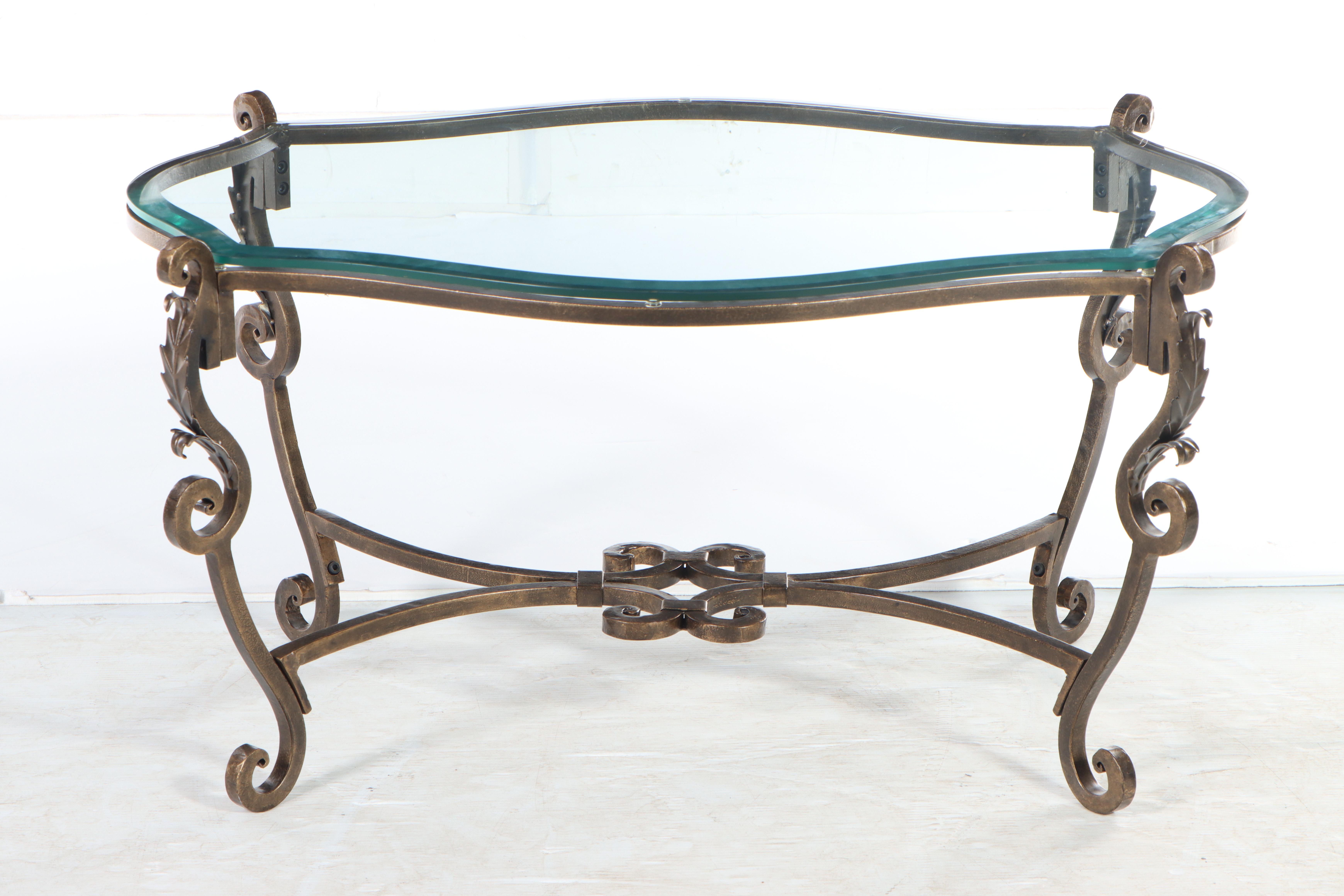 Rococo Style Scrolled Patinated Iron and Glass Coffee Table, Mid to Late 20th C.