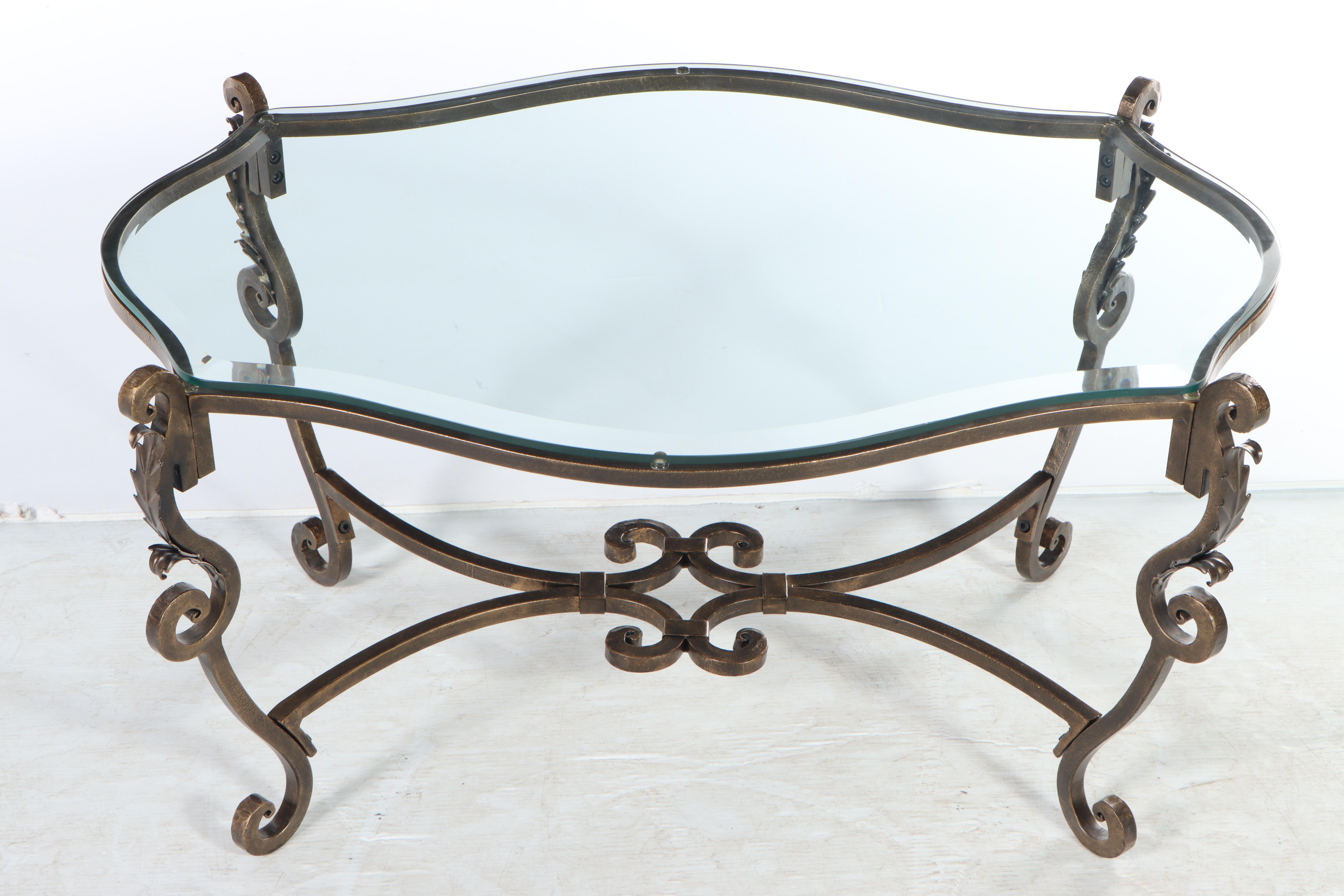 Rococo Style Scrolled Patinated Iron and Glass Coffee Table, Mid to Late 20th C.
