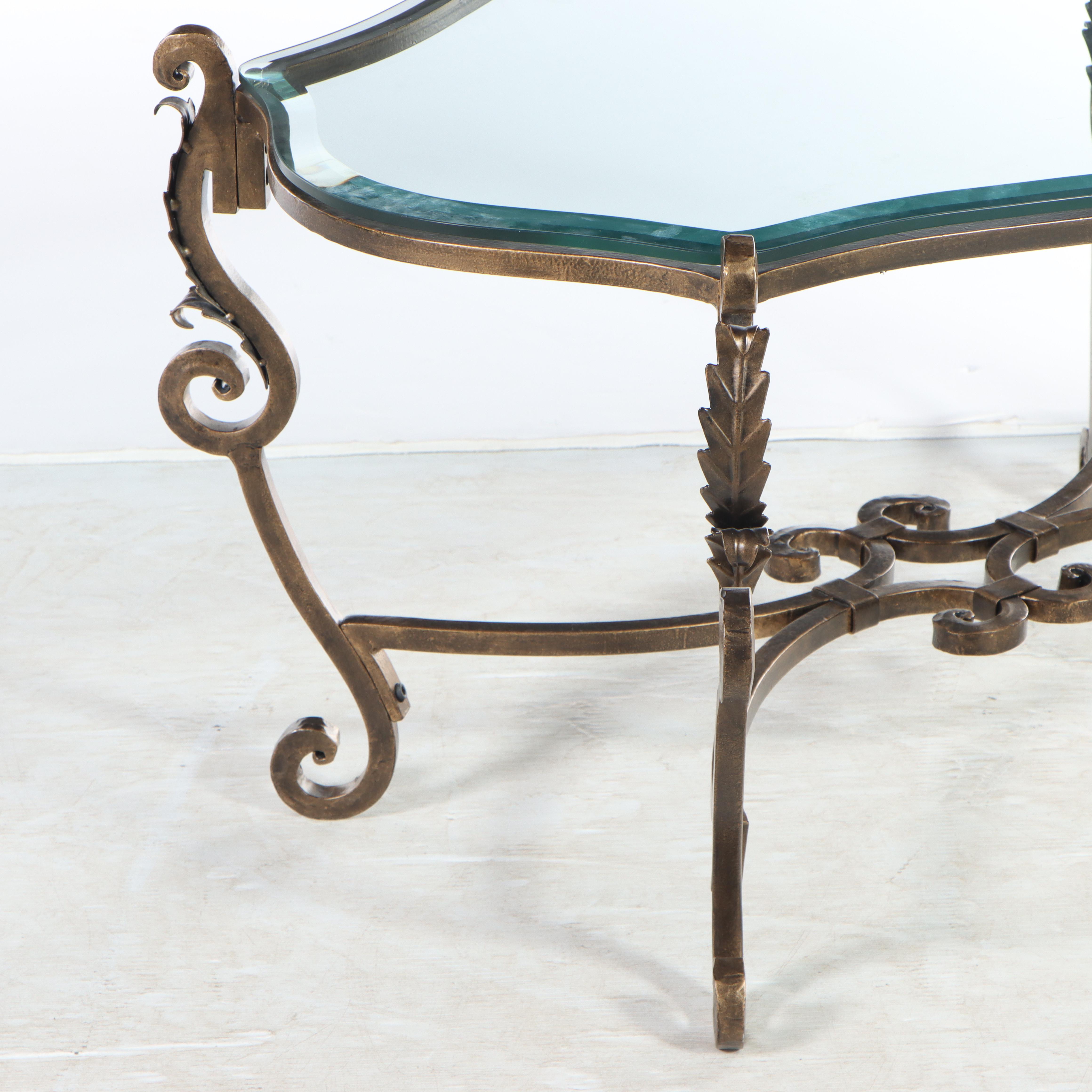 Rococo Style Scrolled Patinated Iron and Glass Coffee Table, Mid to Late 20th C.