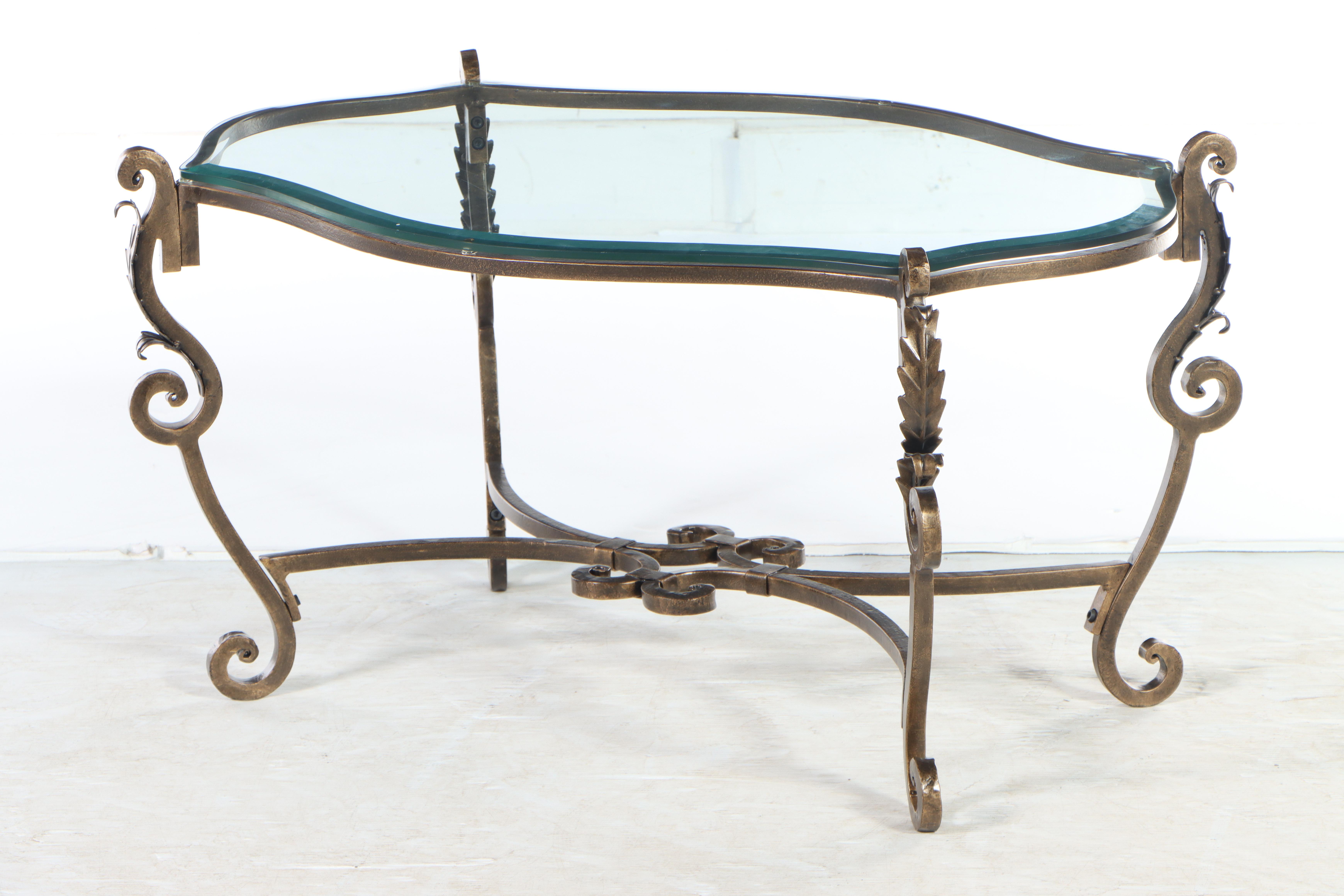 Rococo Style Scrolled Patinated Iron and Glass Coffee Table, Mid to Late 20th C.