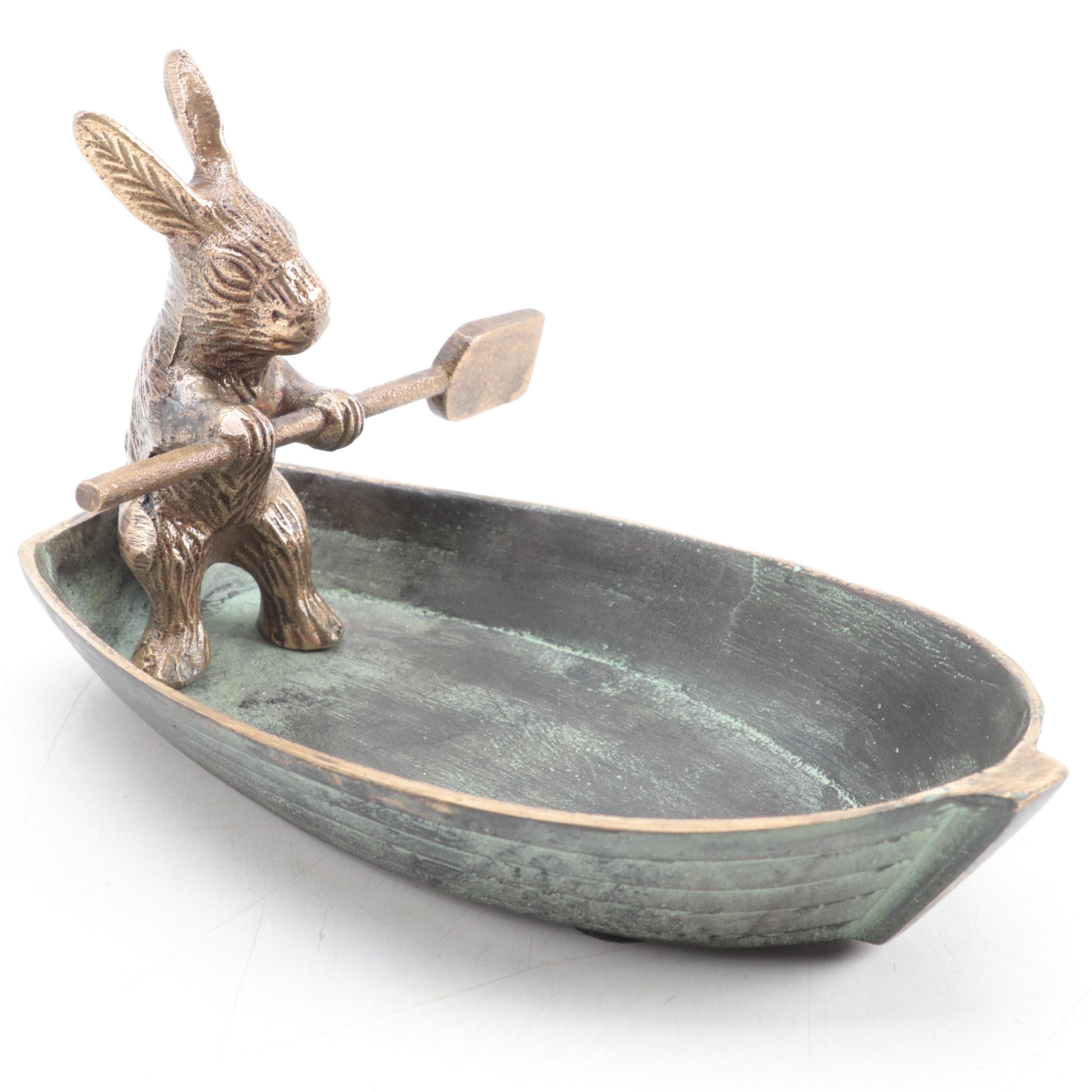 Patinated Cast Brass Rabbit in Rowboat Trinket Dish