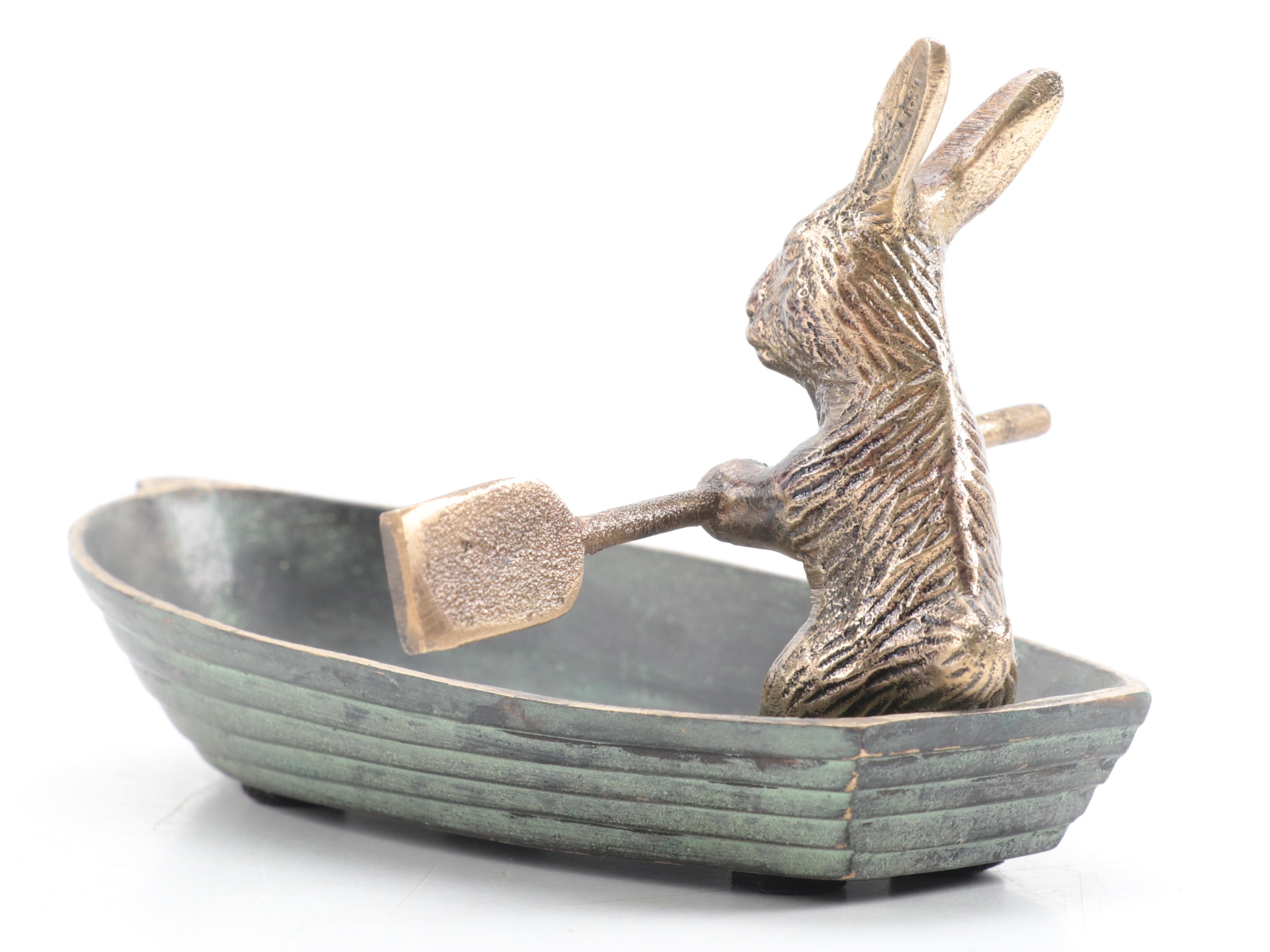 Patinated Cast Brass Rabbit in Rowboat Trinket Dish